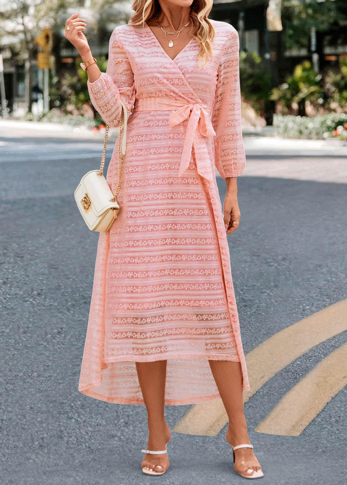 Light Pink dresses,Plain Color dresses,Lace Patchwork Light Pink Belted V Neck Dress