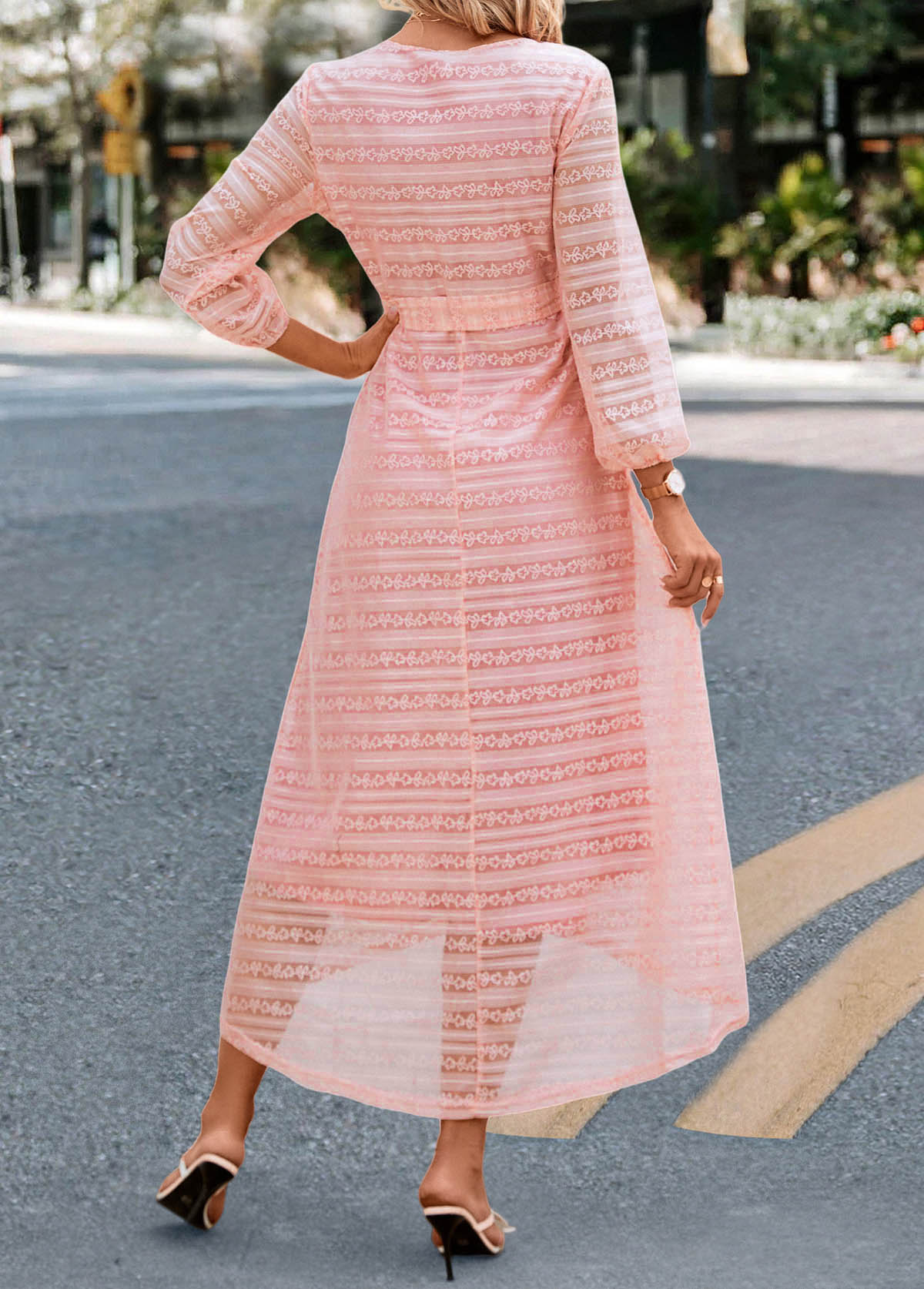 Light Pink dresses,Plain Color dresses,Lace Patchwork Light Pink Belted V Neck Dress