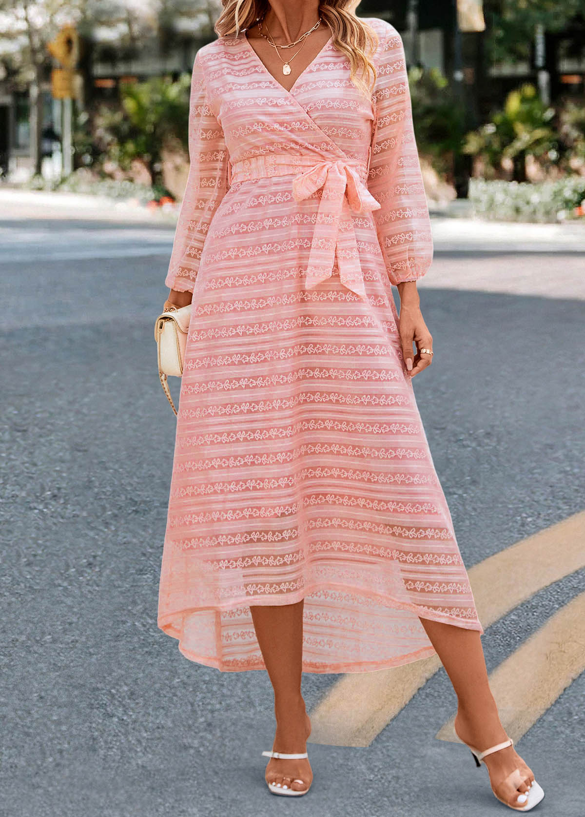 Light Pink dresses,Plain Color dresses,Lace Patchwork Light Pink Belted V Neck Dress