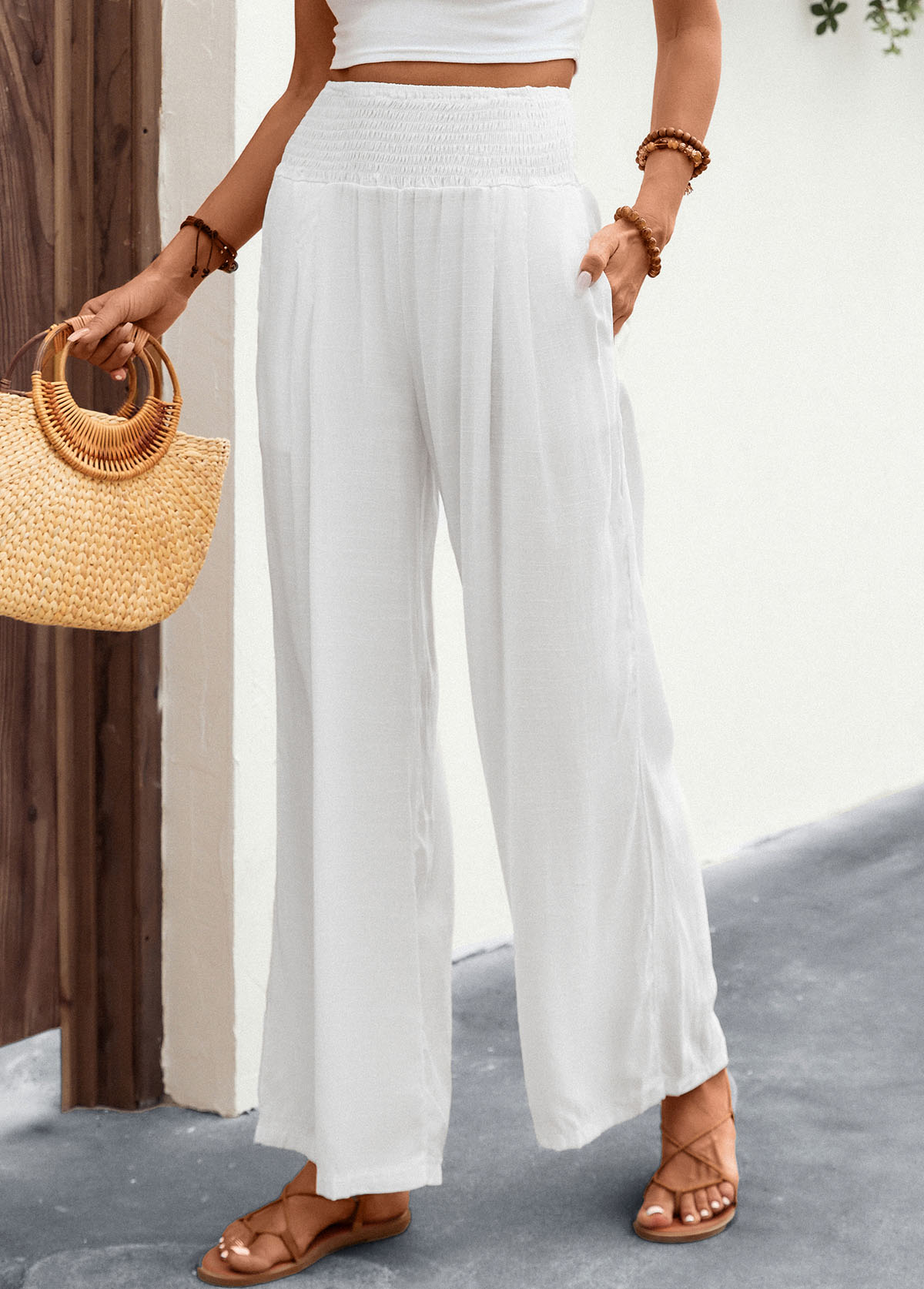 White swimwear,Plain Color swimwear,Breathable Smocked Pocket White Cover Up