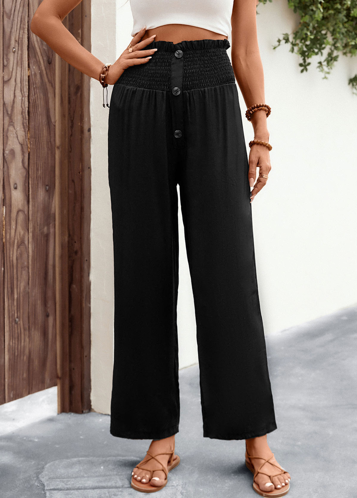Black bottoms,Plain Color bottoms,Button Black Regular Elastic Waist High Waisted Pants