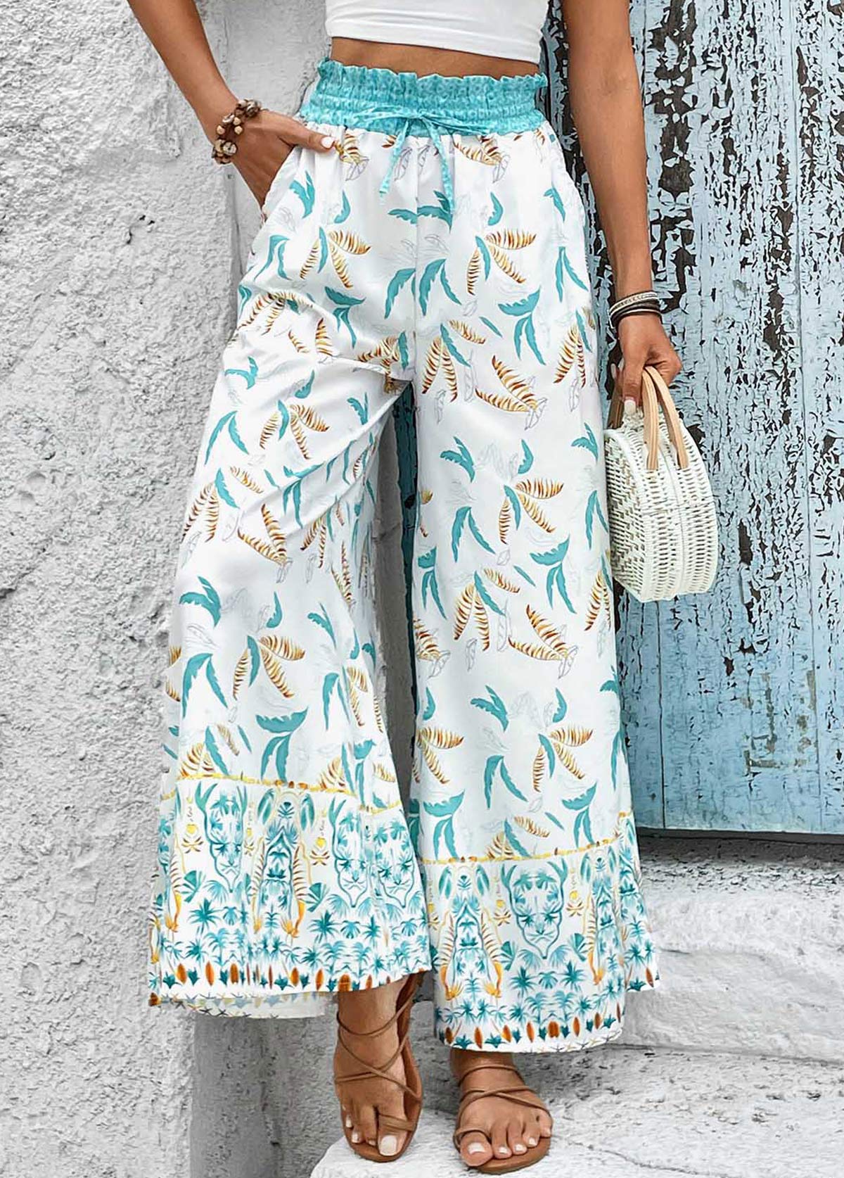 Smocked Leaf Print Mint Green Elastic Waist Pants