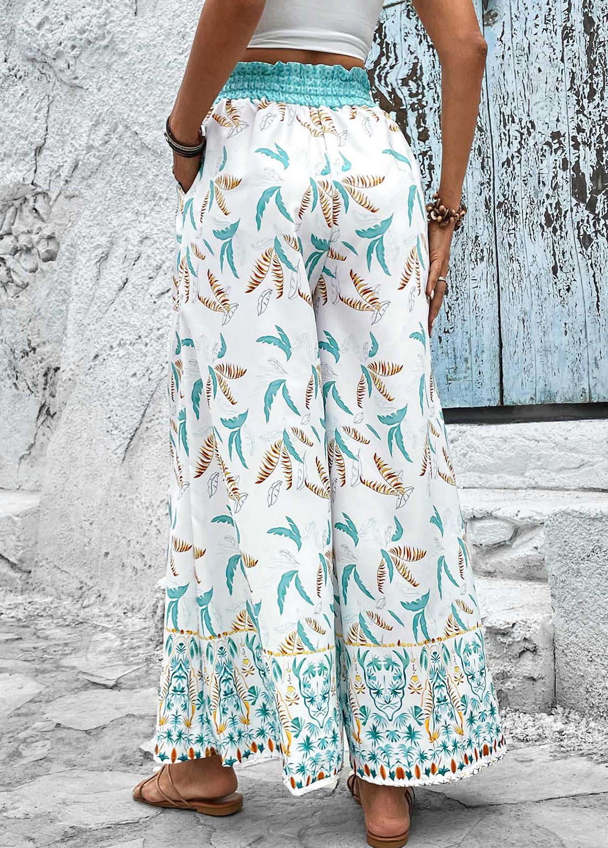 Mint Green bottoms,White bottoms,Plants bottoms,Smocked Leaf Print Mint Green Elastic Waist Pants