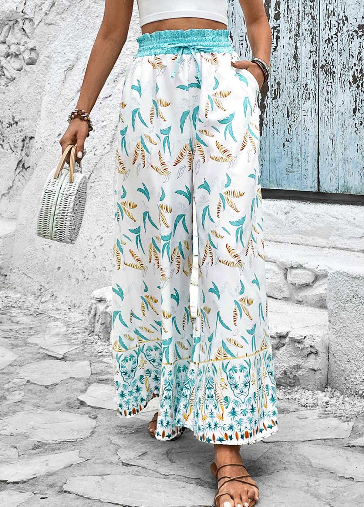 Mint Green bottoms,White bottoms,Plants bottoms,Smocked Leaf Print Mint Green Elastic Waist Pants