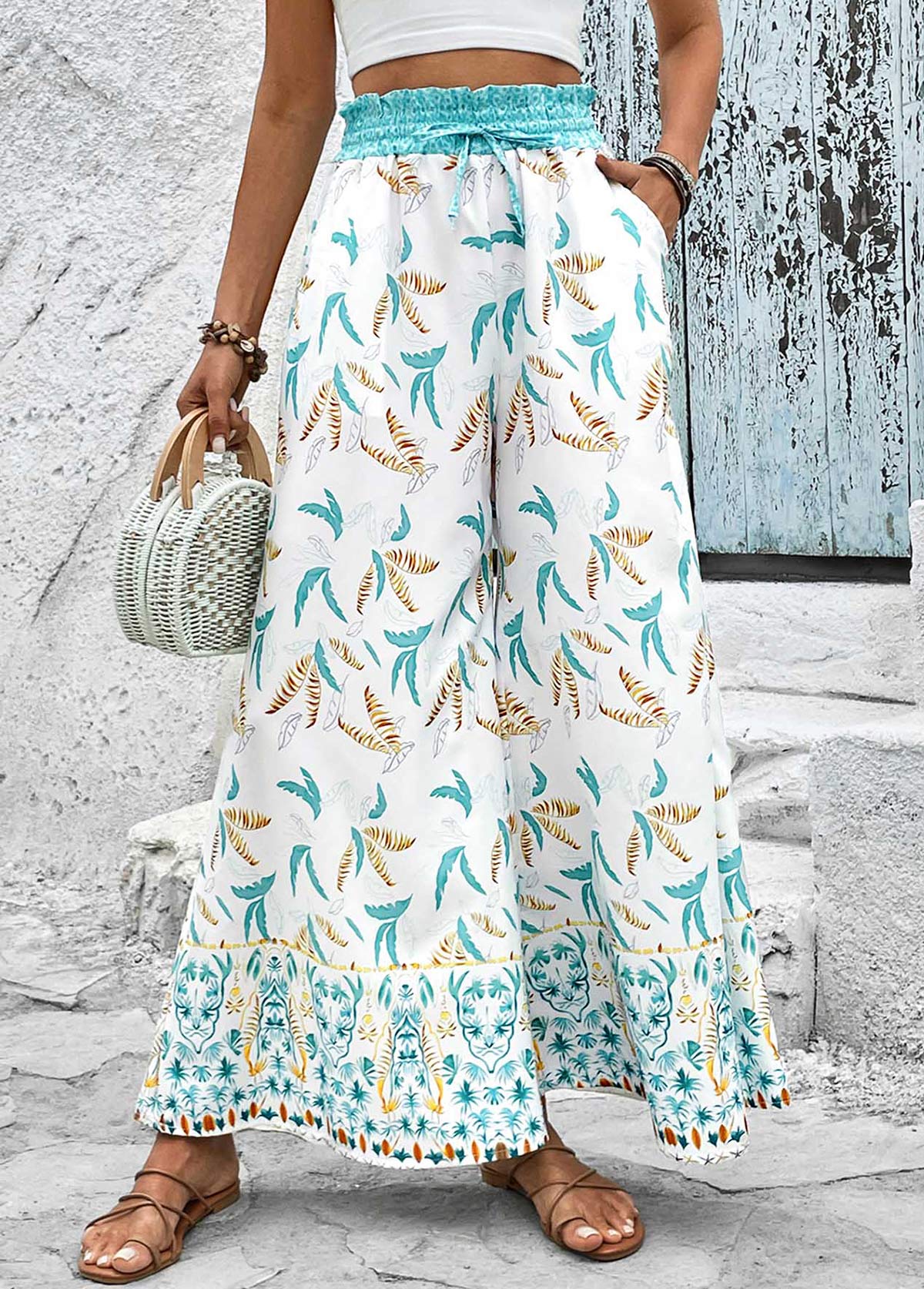 Mint Green bottoms,White bottoms,Plants bottoms,Smocked Leaf Print Mint Green Elastic Waist Pants