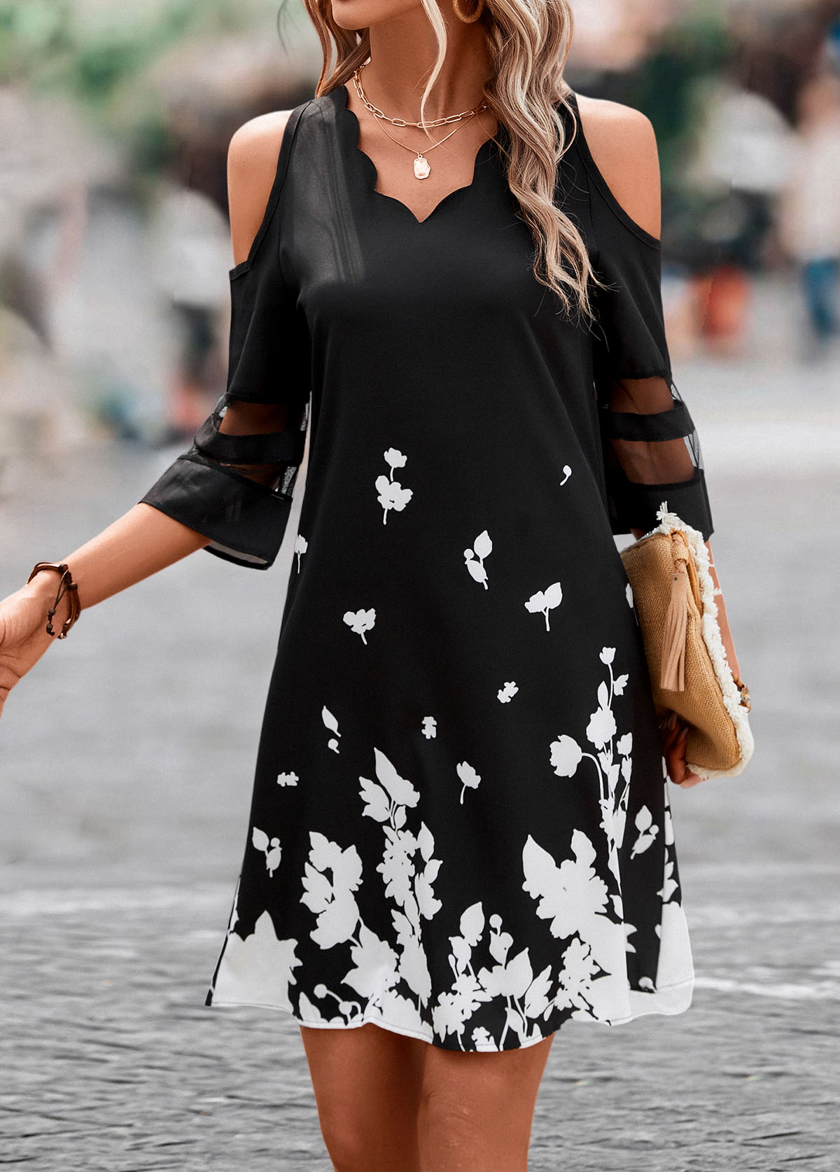 Black dresses,Floral dresses,Mesh Floral Print Black Short A Line Dress