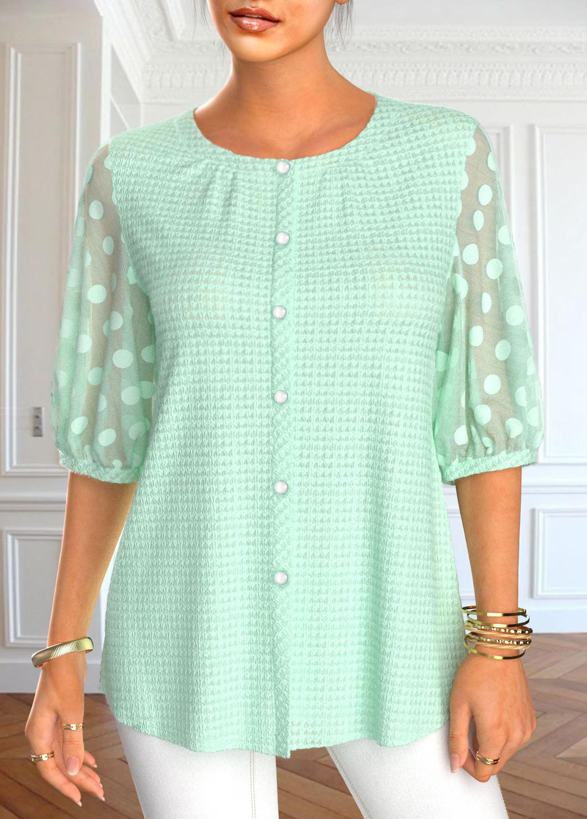 ROTITA Mesh Mint Green Round Neck Half Sleeve Blouse