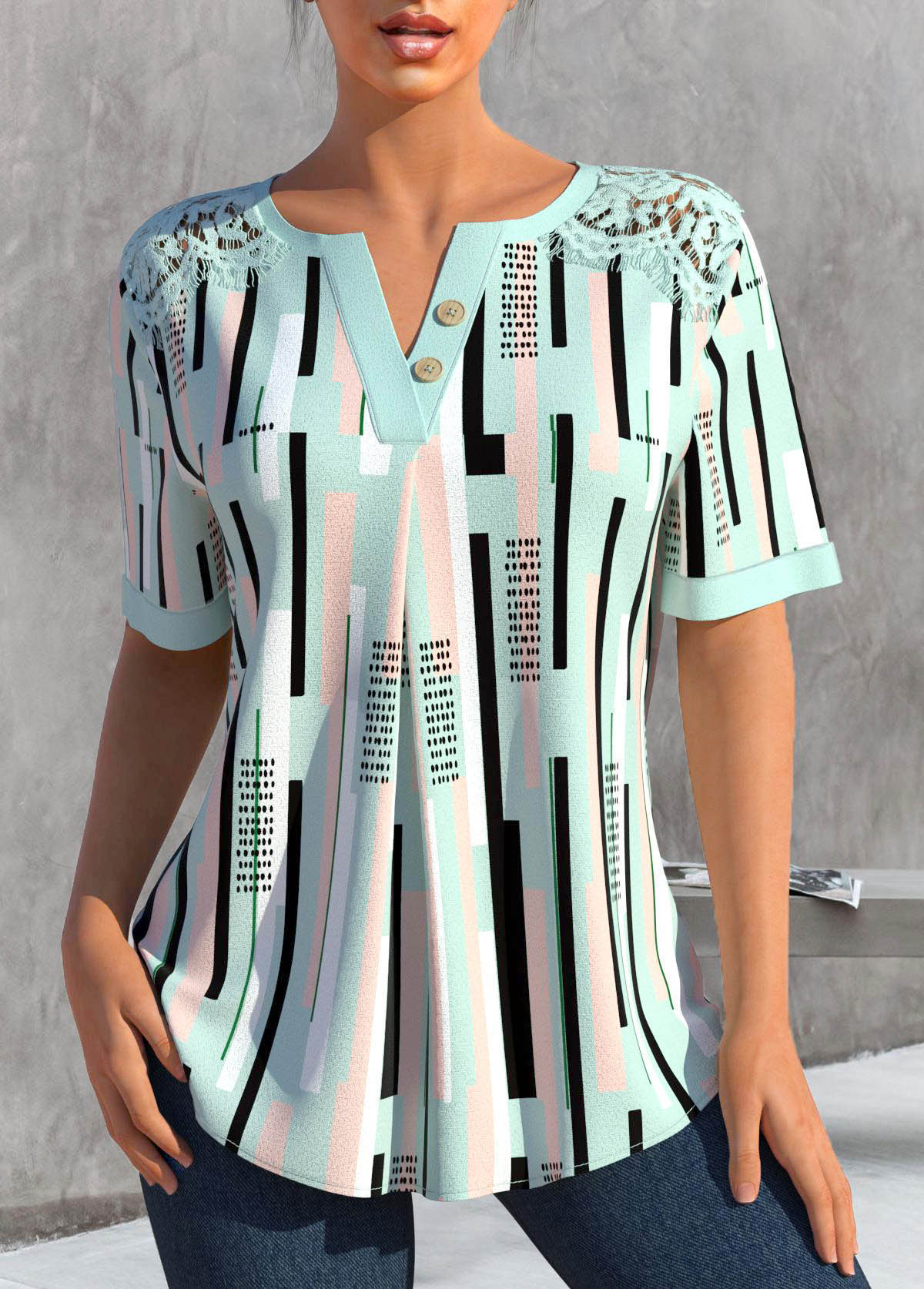 ROTITA Lace Striped Green Split Neck Short Sleeve Blouse