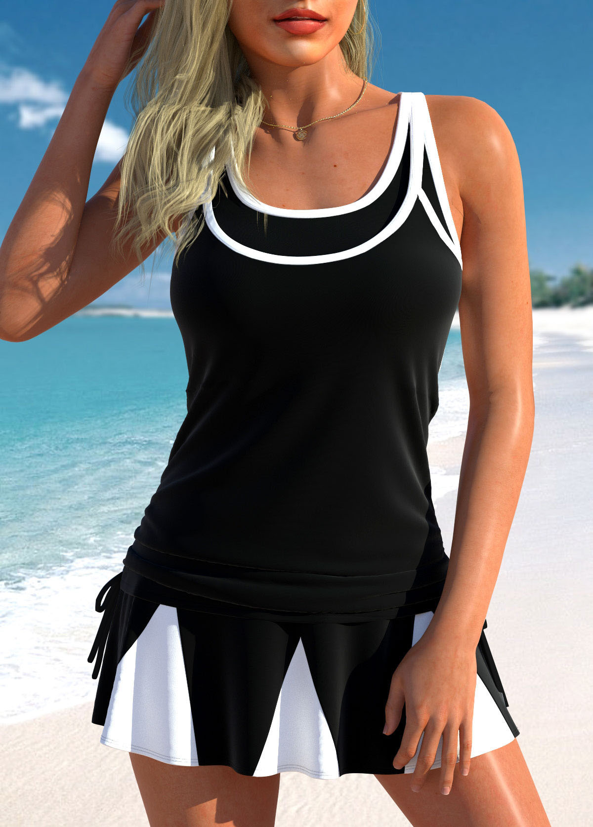 Contrast Binding Drawstring Black Tankini Set