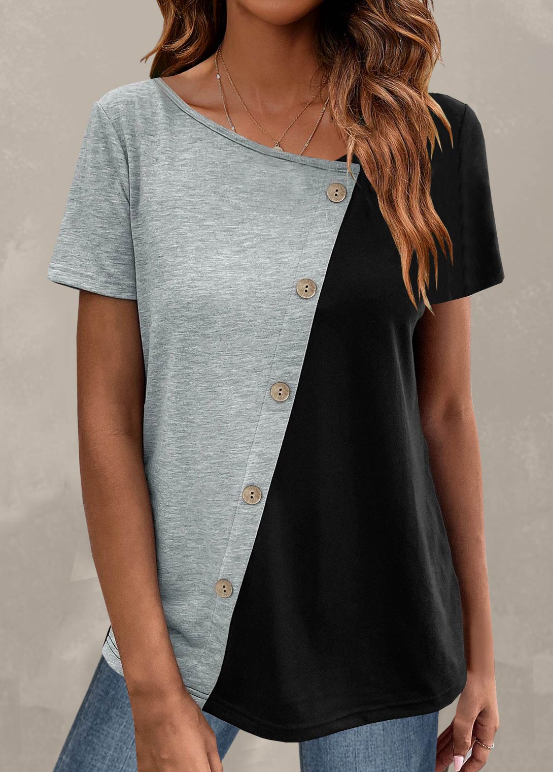 Light Grey Marl plus size,Black plus size,Contrast Color plus size,Plus Size Button Light Grey Marl T Shirt