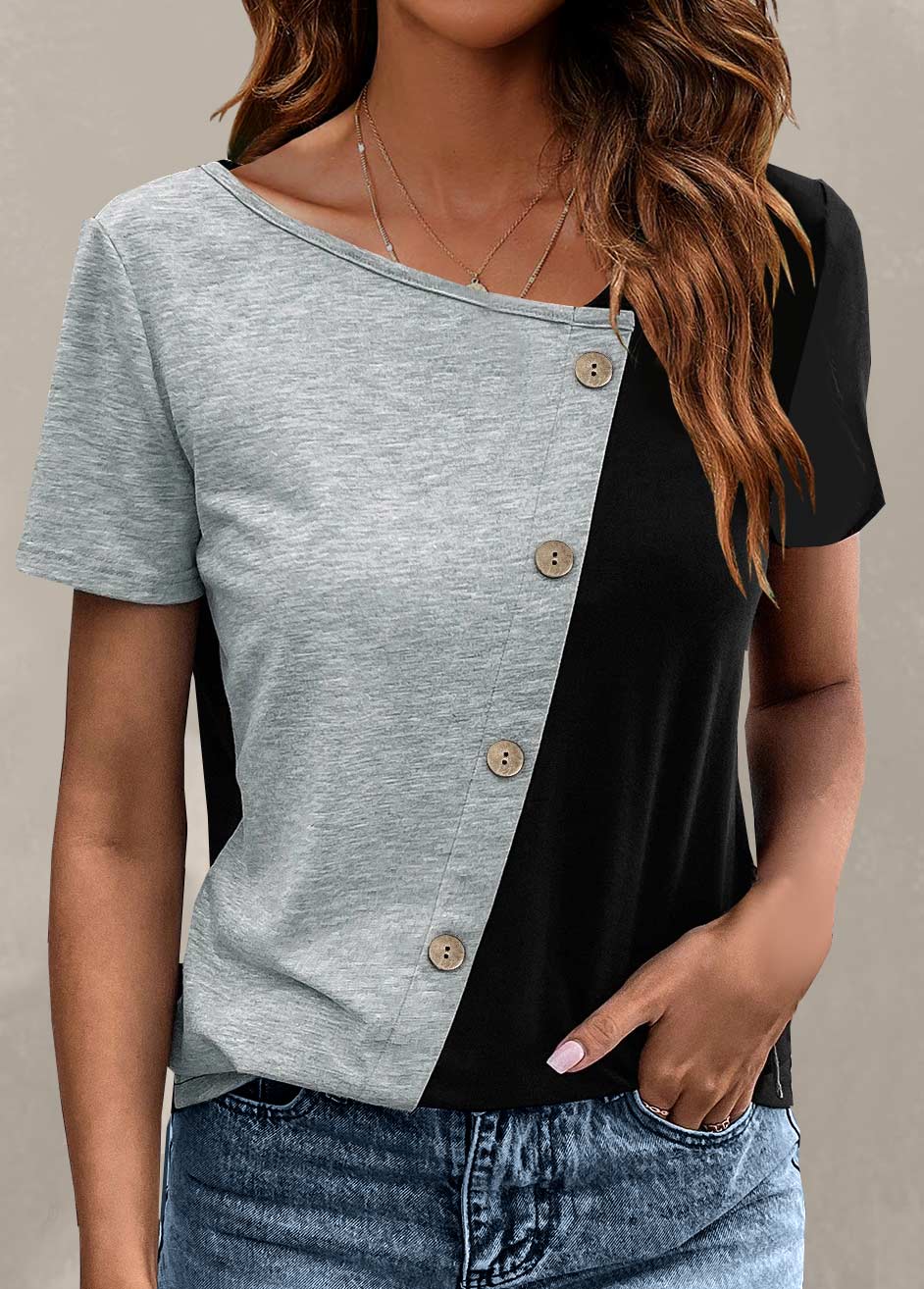 Light Grey Marl plus size,Black plus size,Contrast Color plus size,Plus Size Button Light Grey Marl T Shirt