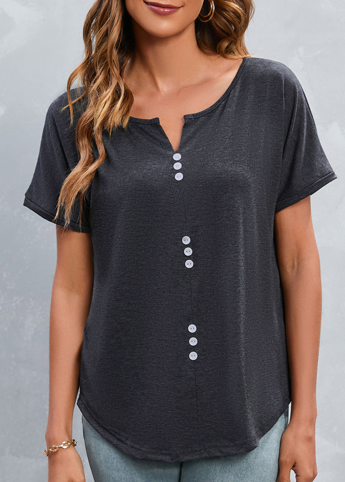 Dark Grey tops,Plain Color tops,Button Dark Grey Split Neck T Shirt