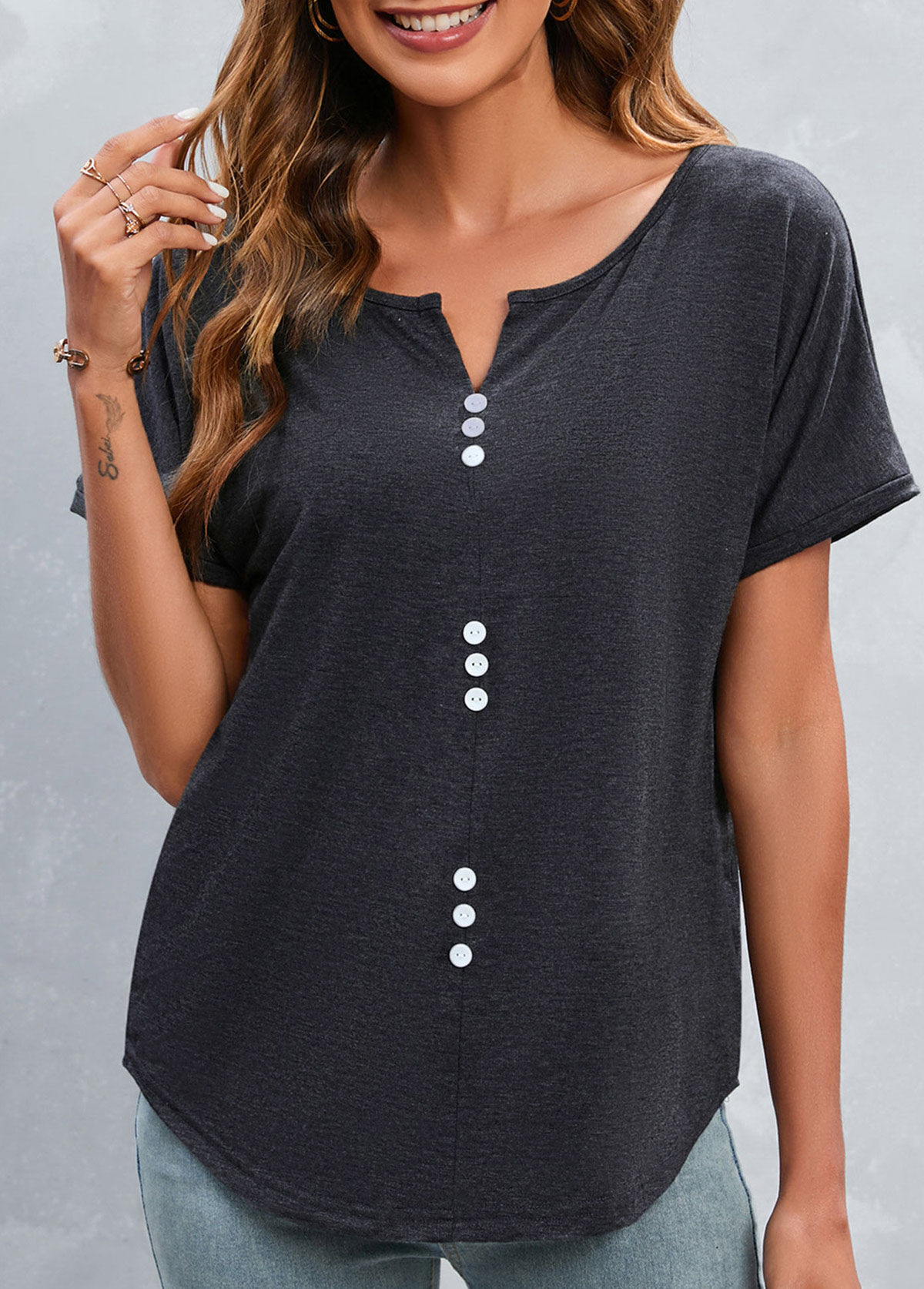 Dark Grey tops,Plain Color tops,Button Dark Grey Split Neck T Shirt