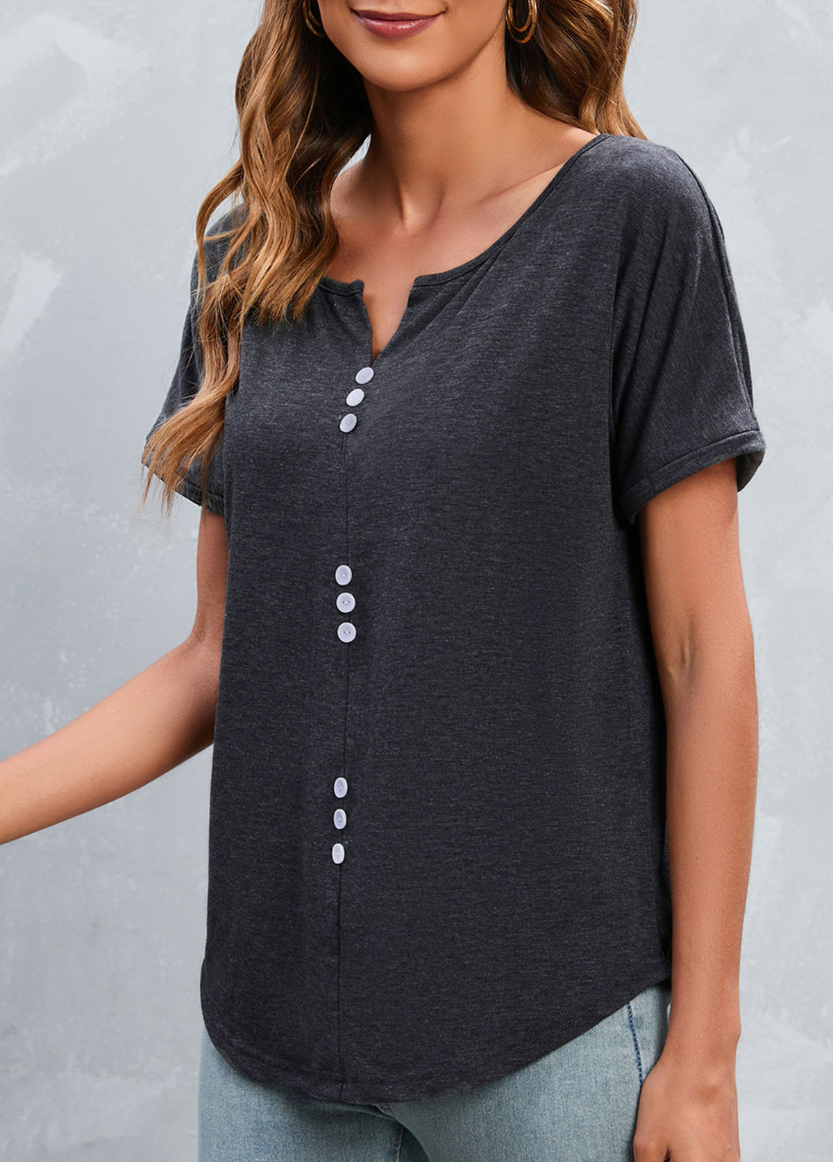 Dark Grey tops,Plain Color tops,Button Dark Grey Split Neck T Shirt