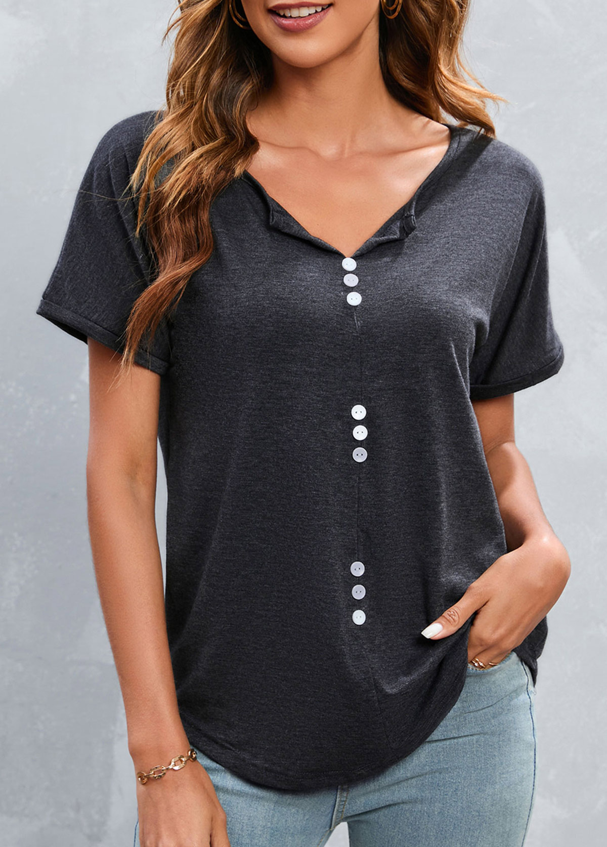 Dark Grey tops,Plain Color tops,Button Dark Grey Split Neck T Shirt