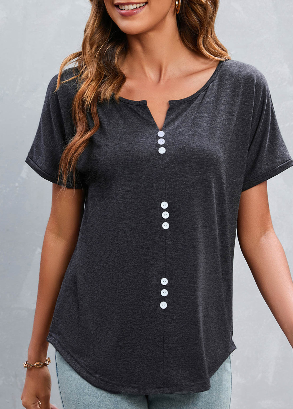 Dark Grey tops,Plain Color tops,Button Dark Grey Split Neck T Shirt