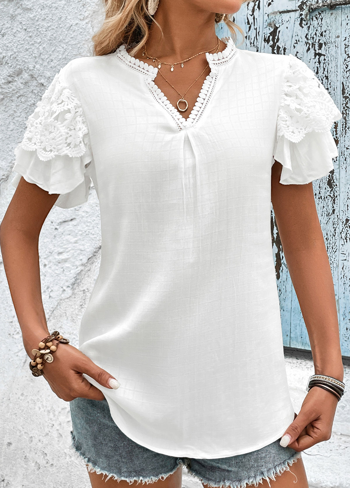 Lace Patchwork White Split Neck T Shirt