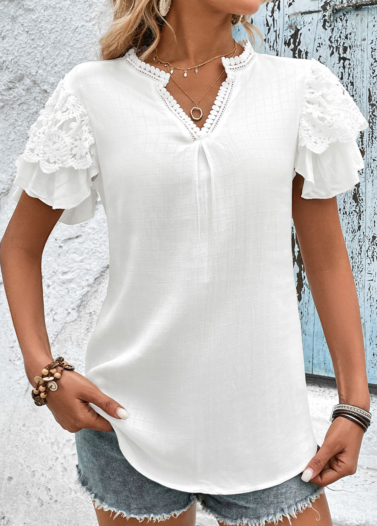 White tops,Plain Color tops,Lace Patchwork White Split Neck T Shirt