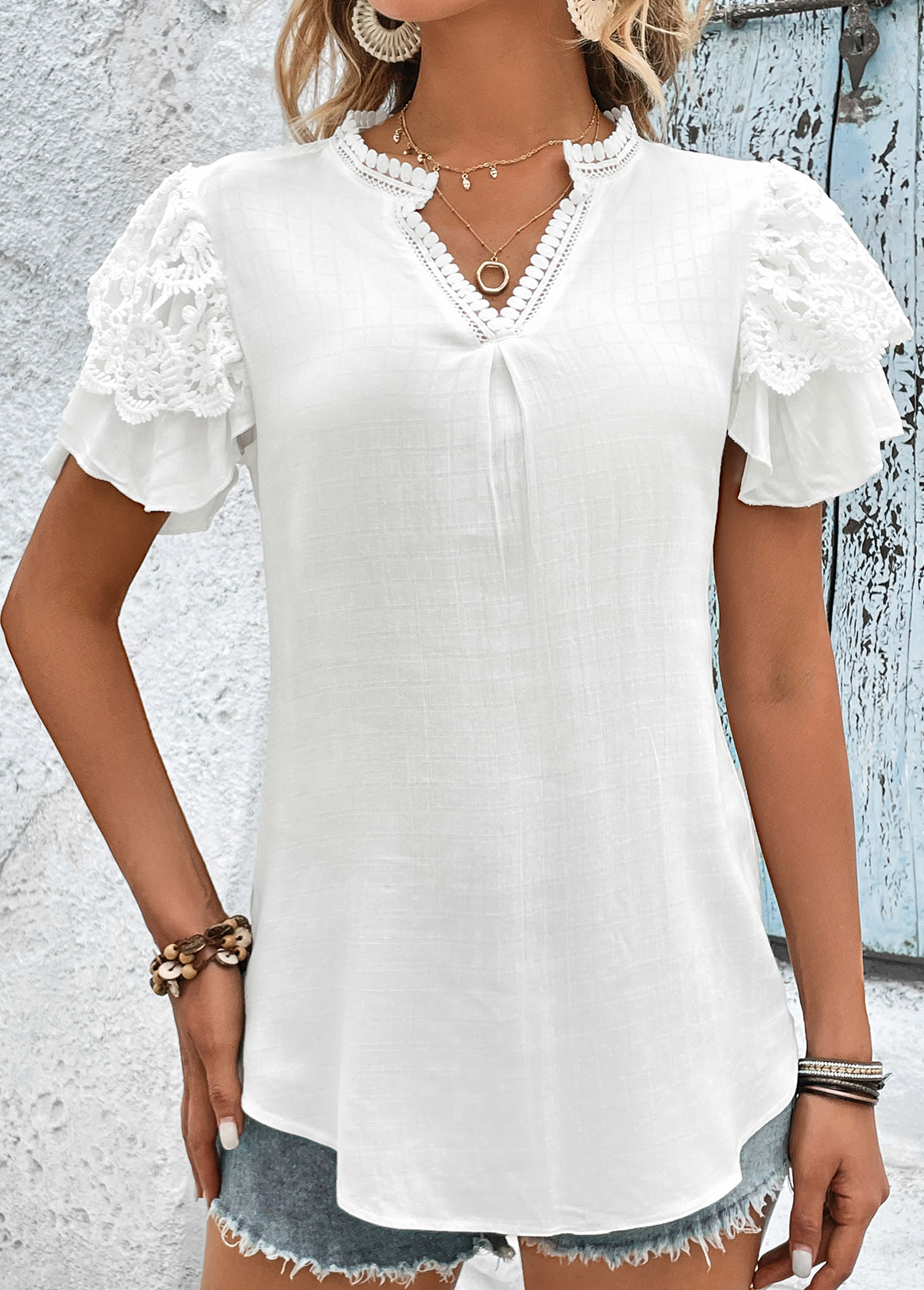 White tops,Plain Color tops,Lace Patchwork White Split Neck T Shirt