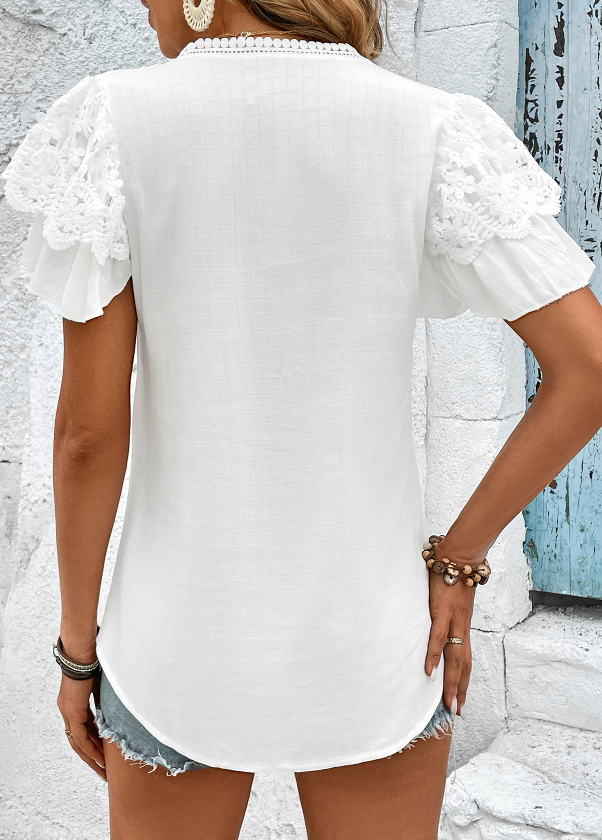 White tops,Plain Color tops,Lace Patchwork White Split Neck T Shirt