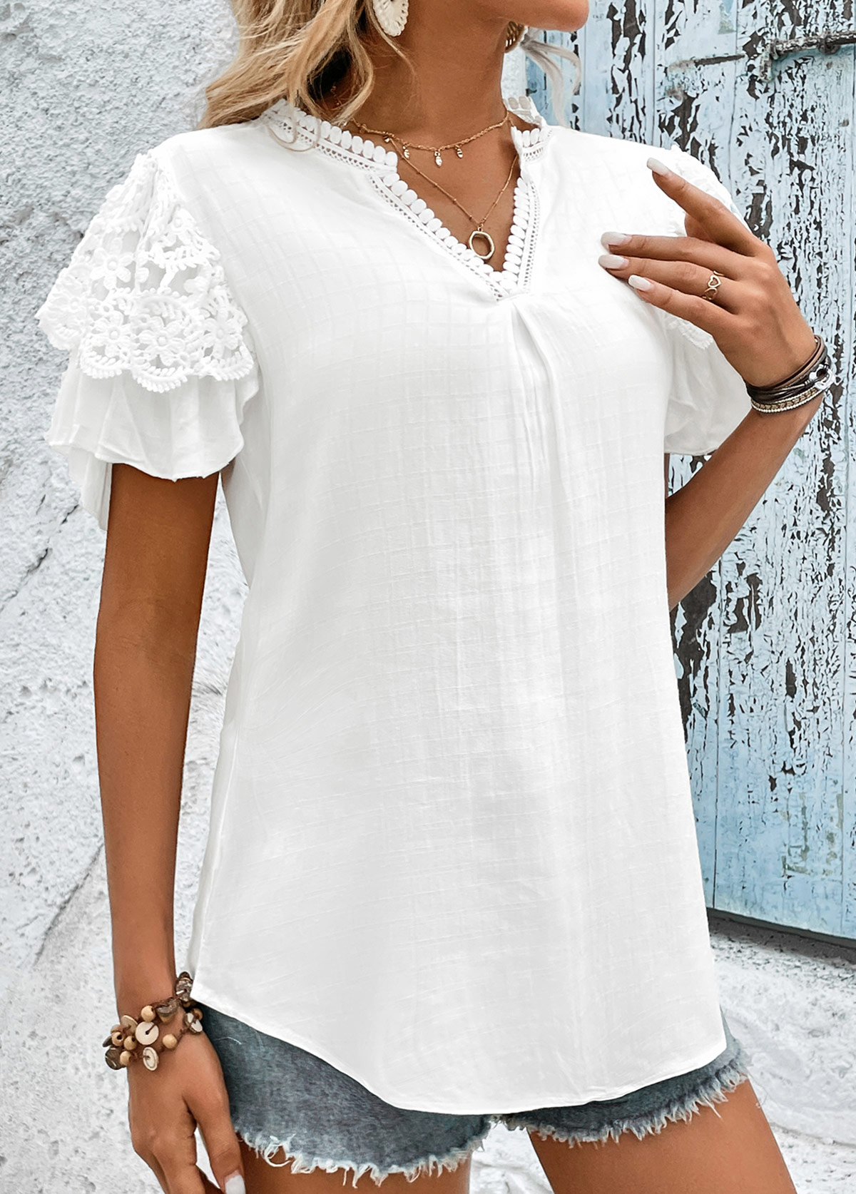 White tops,Plain Color tops,Lace Patchwork White Split Neck T Shirt