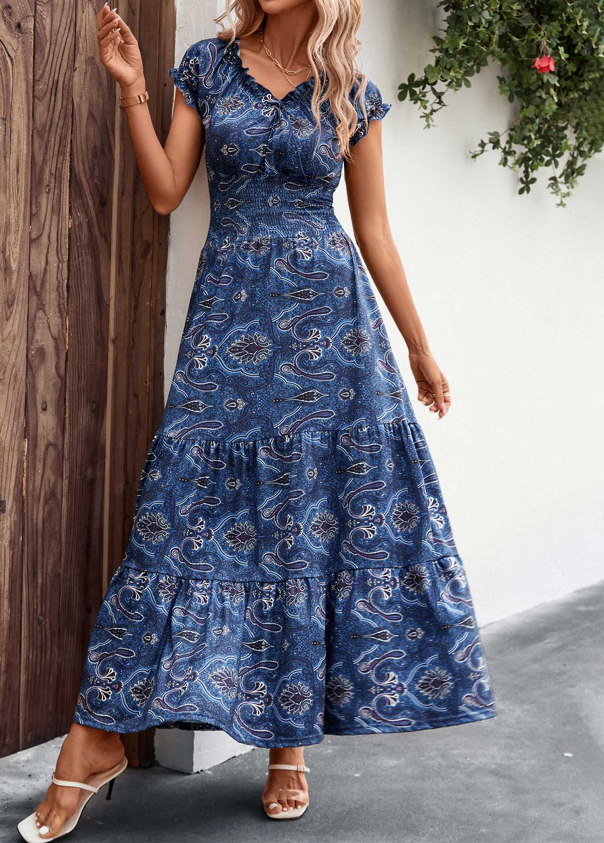Smocked Tribal Print Dark Blue Maxi Dress