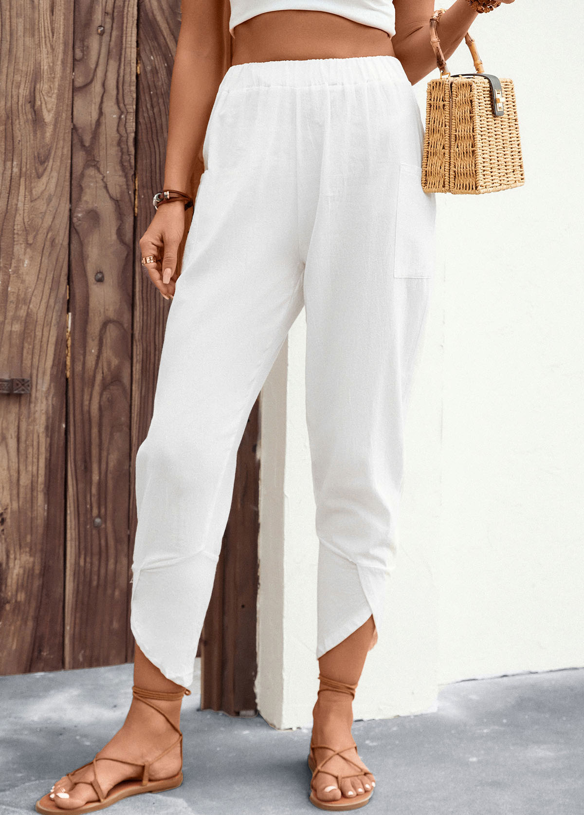 Patchwork White Jogger Elastic Waist High Waisted Pants