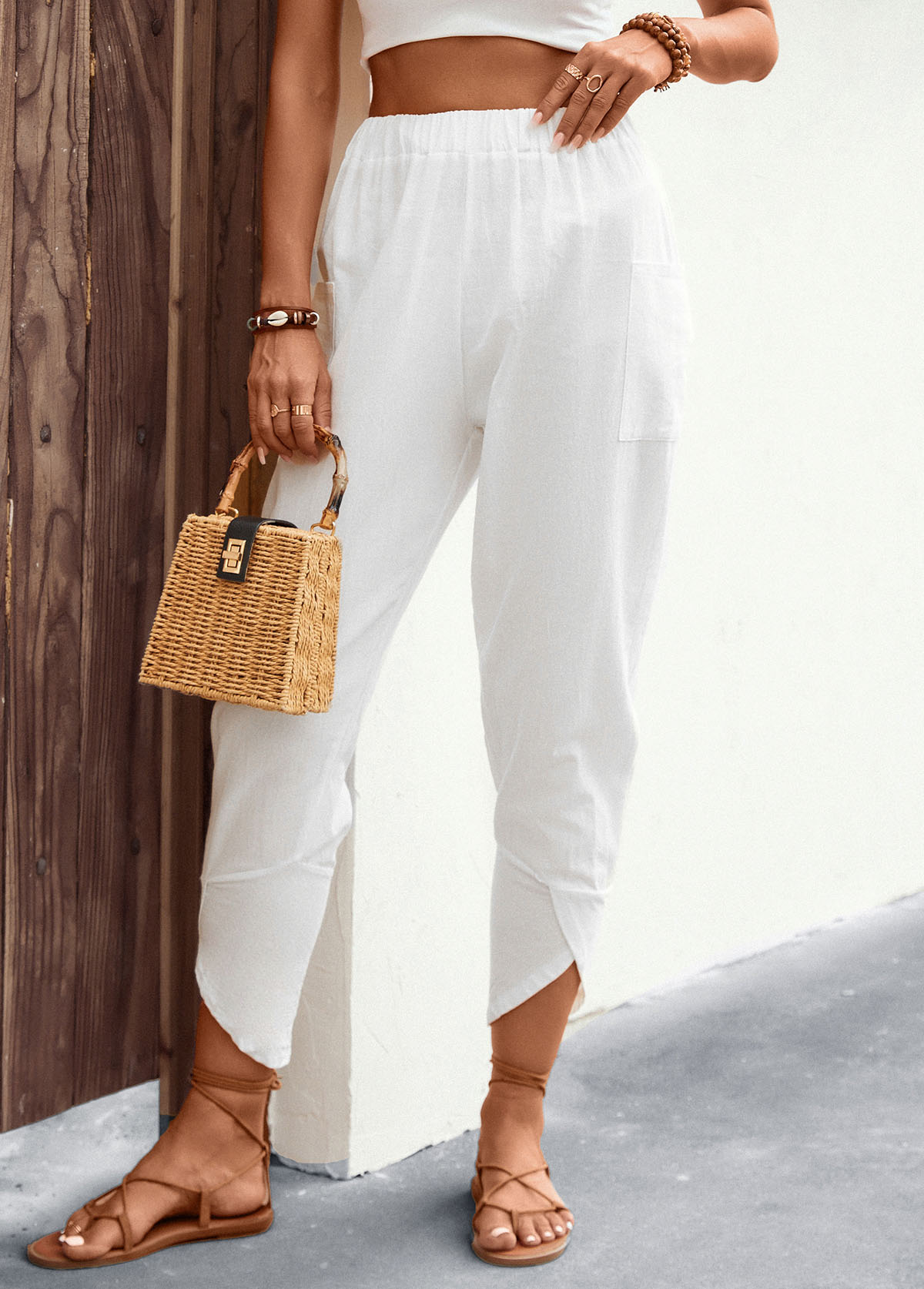 White bottoms,Plain Color bottoms,Patchwork White Jogger Elastic Waist High Waisted Pants