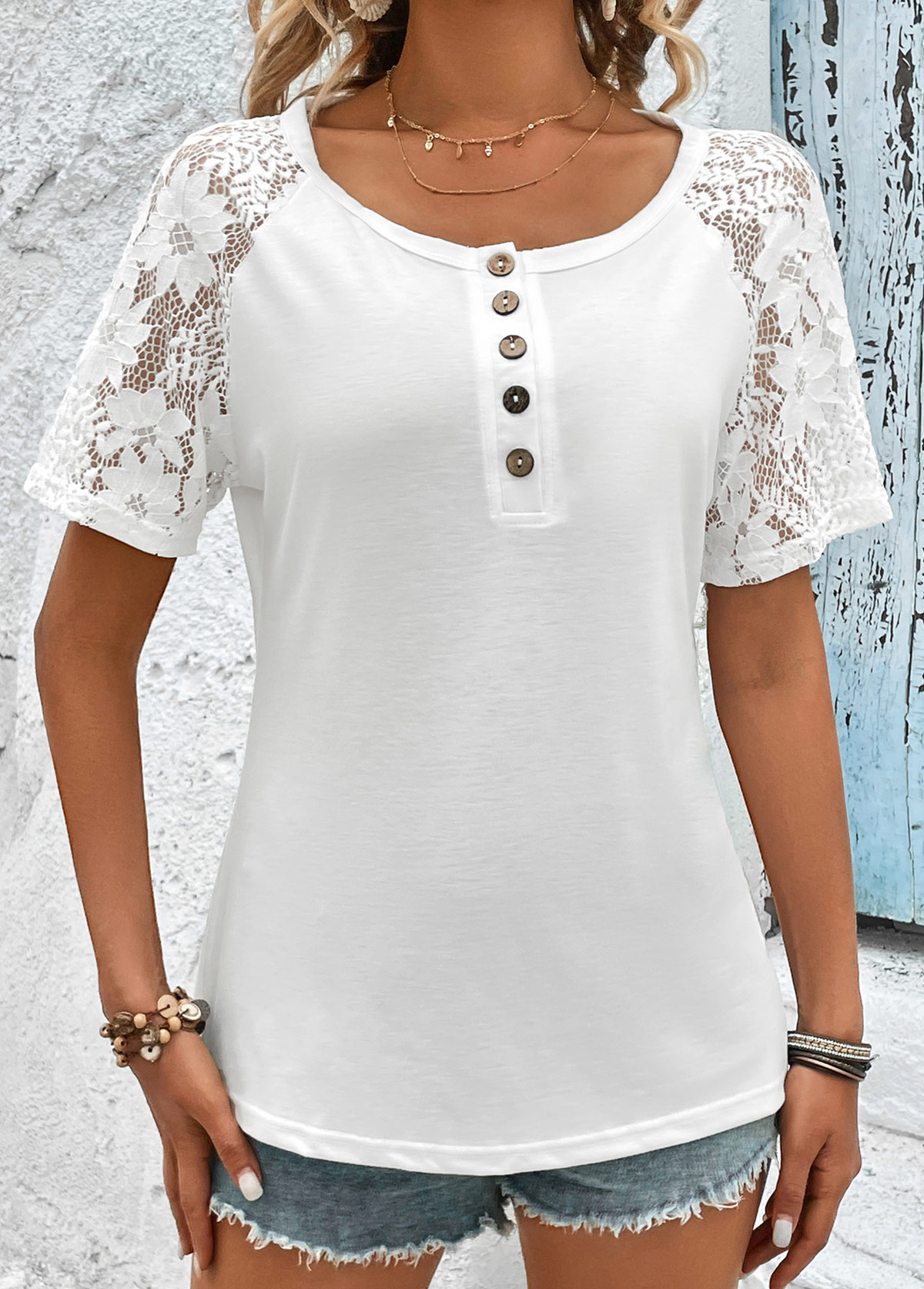 White tops,Plain Color tops,Button White Round Neck Short Sleeve T Shirt