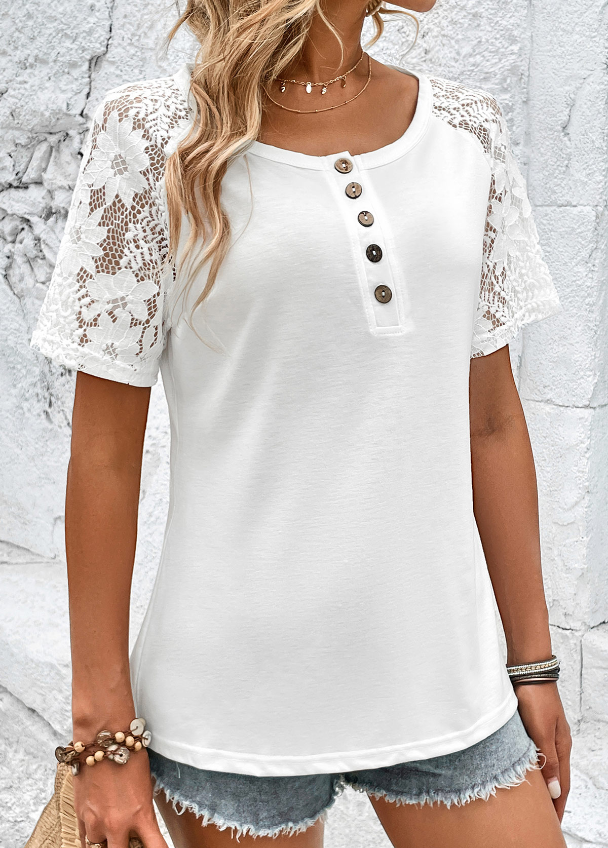 White tops,Plain Color tops,Button White Round Neck Short Sleeve T Shirt