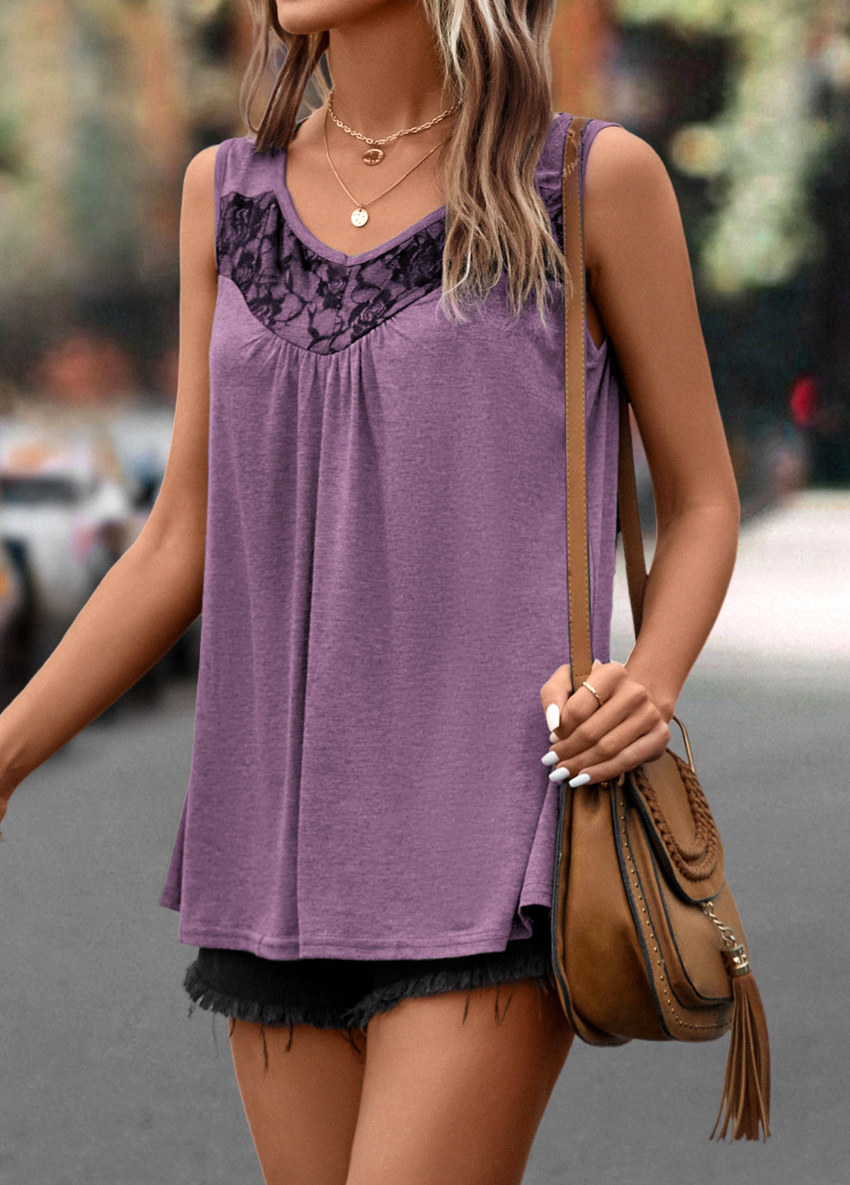 Light Purple tops,Plain Color tops,Lace Light Purple Scoop Neck Tank Top