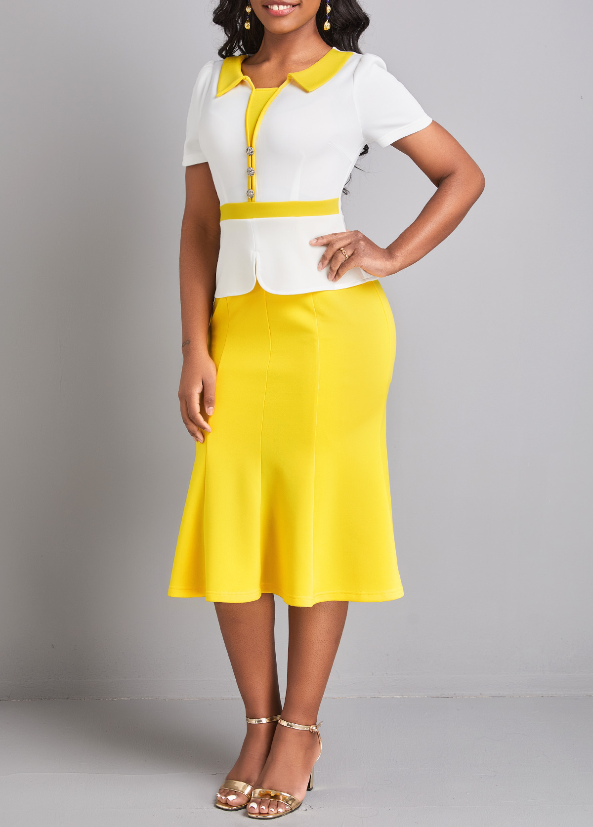 Yellow dresses,White dresses,Plain Color dresses,ROTITA Fake 2in1 Yellow Patchwork Bodycon Dress