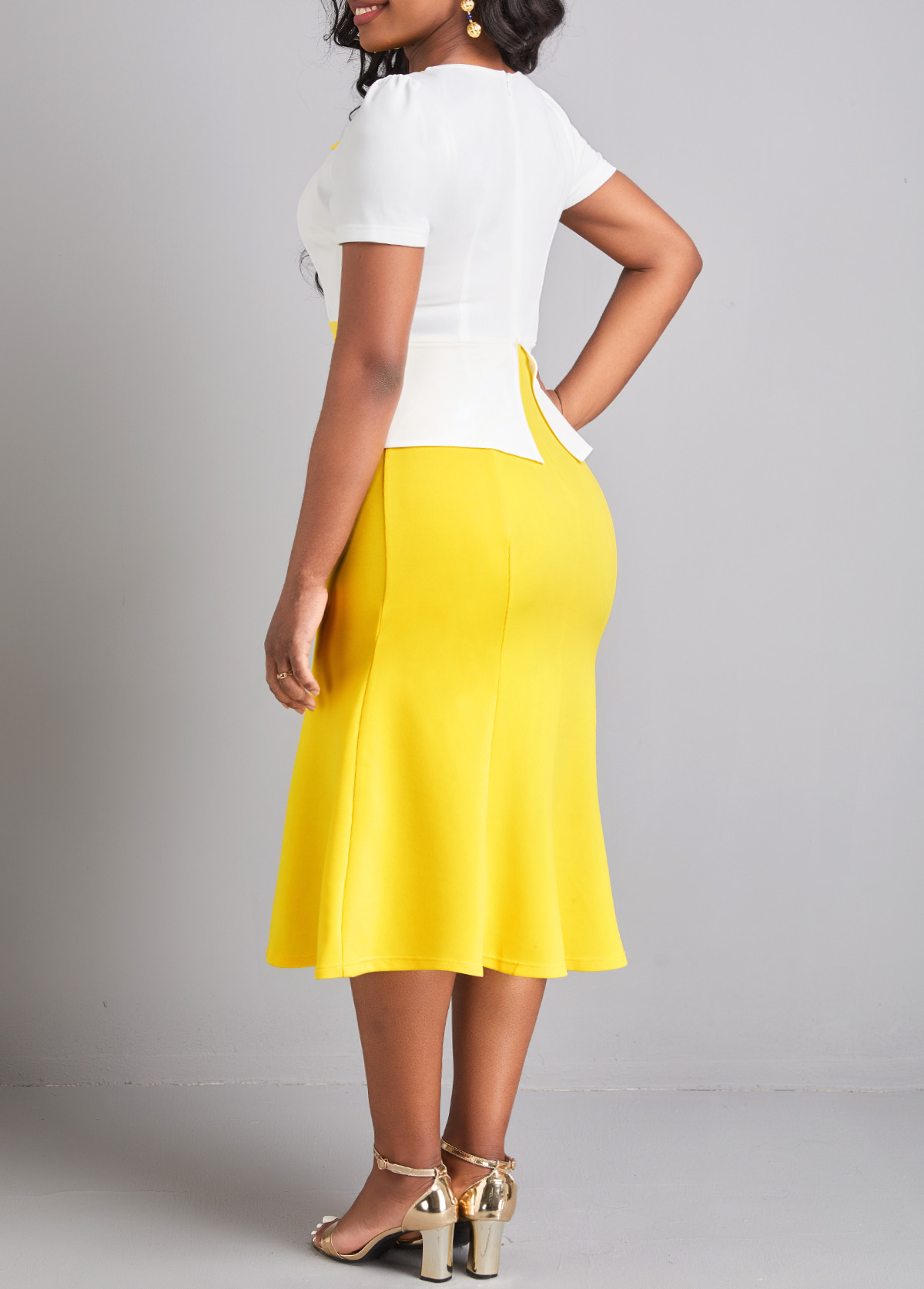 Yellow dresses,White dresses,Plain Color dresses,ROTITA Fake 2in1 Yellow Patchwork Bodycon Dress