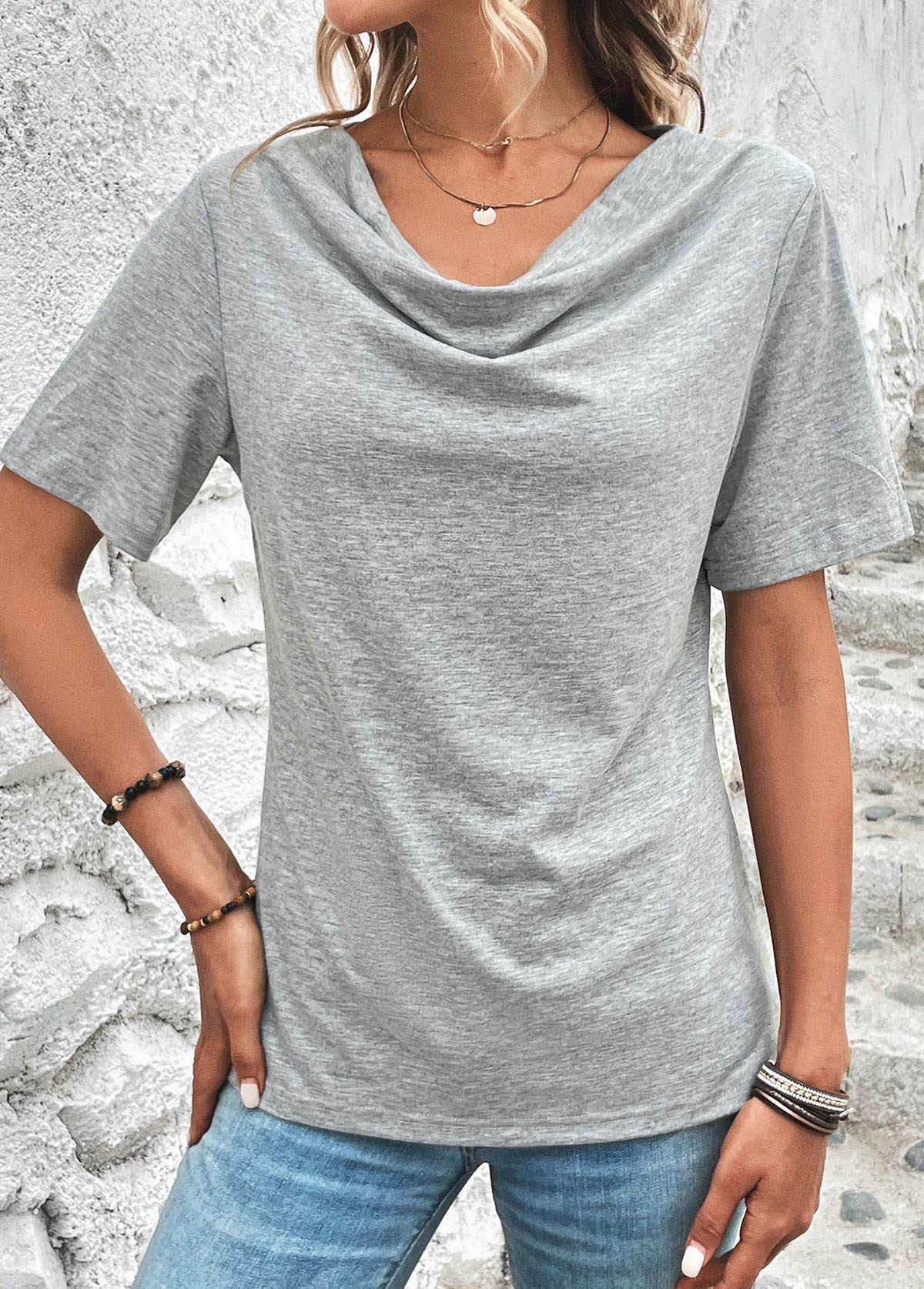 Light Grey Marl tops,Plain Color tops,Light Grey Marl Draped Neck T Shirt