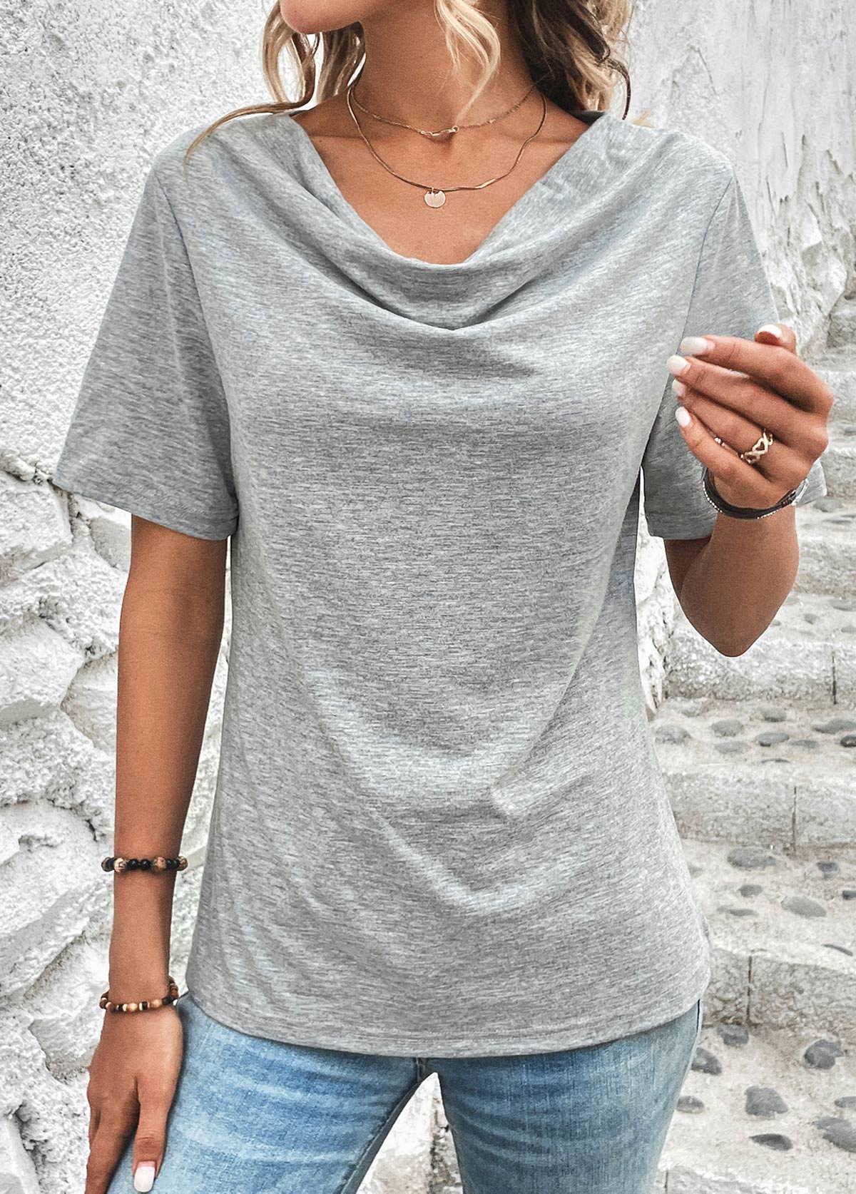 Light Grey Marl tops,Plain Color tops,Light Grey Marl Draped Neck T Shirt