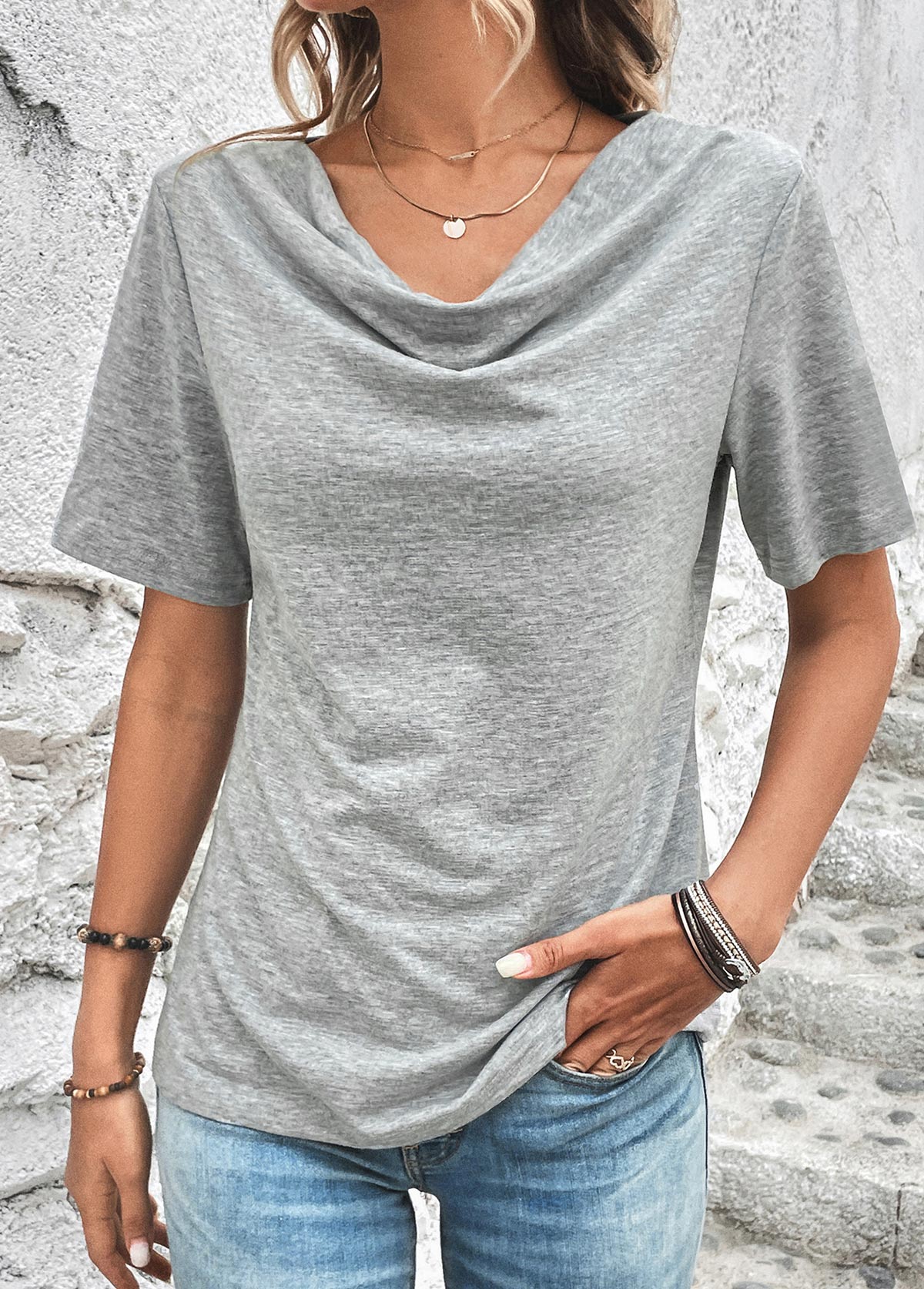 Light Grey Marl tops,Plain Color tops,Light Grey Marl Draped Neck T Shirt