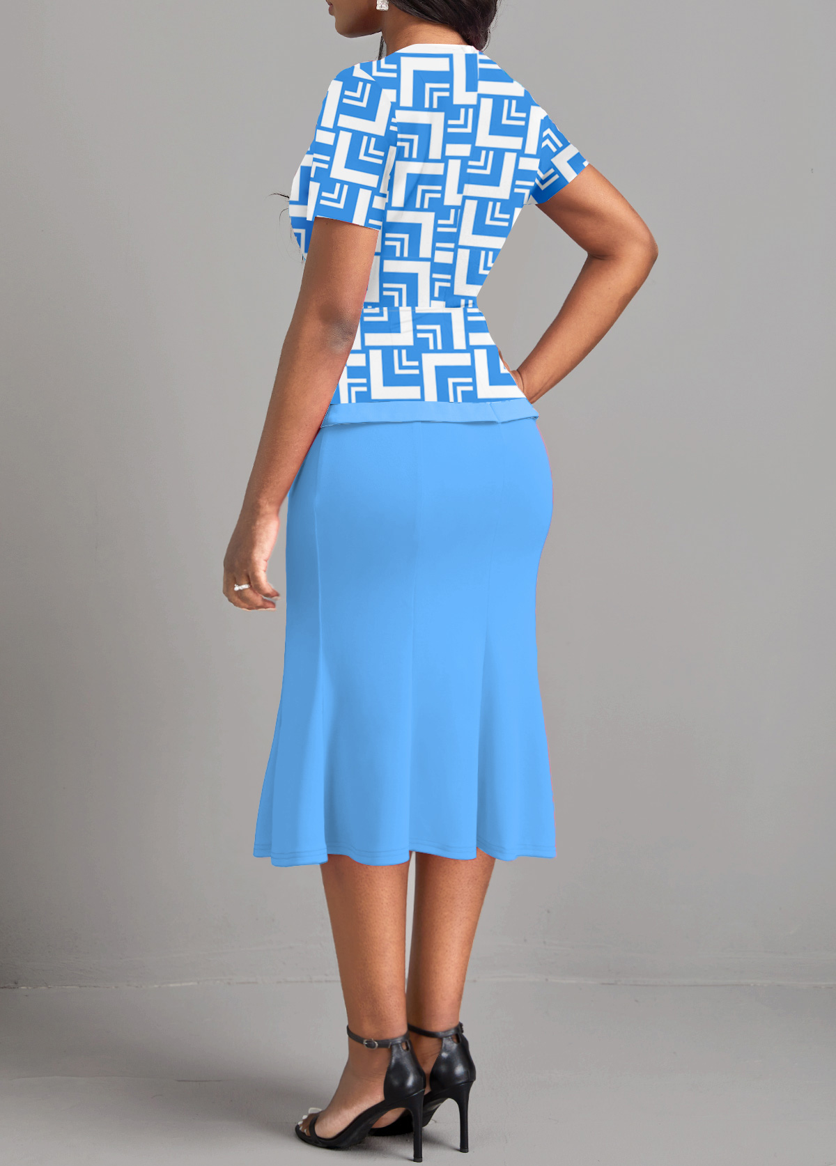 Light Blue dresses,Geometric dresses,ROTITA Patchwork Geometric Print Light Blue Bodycon Dress