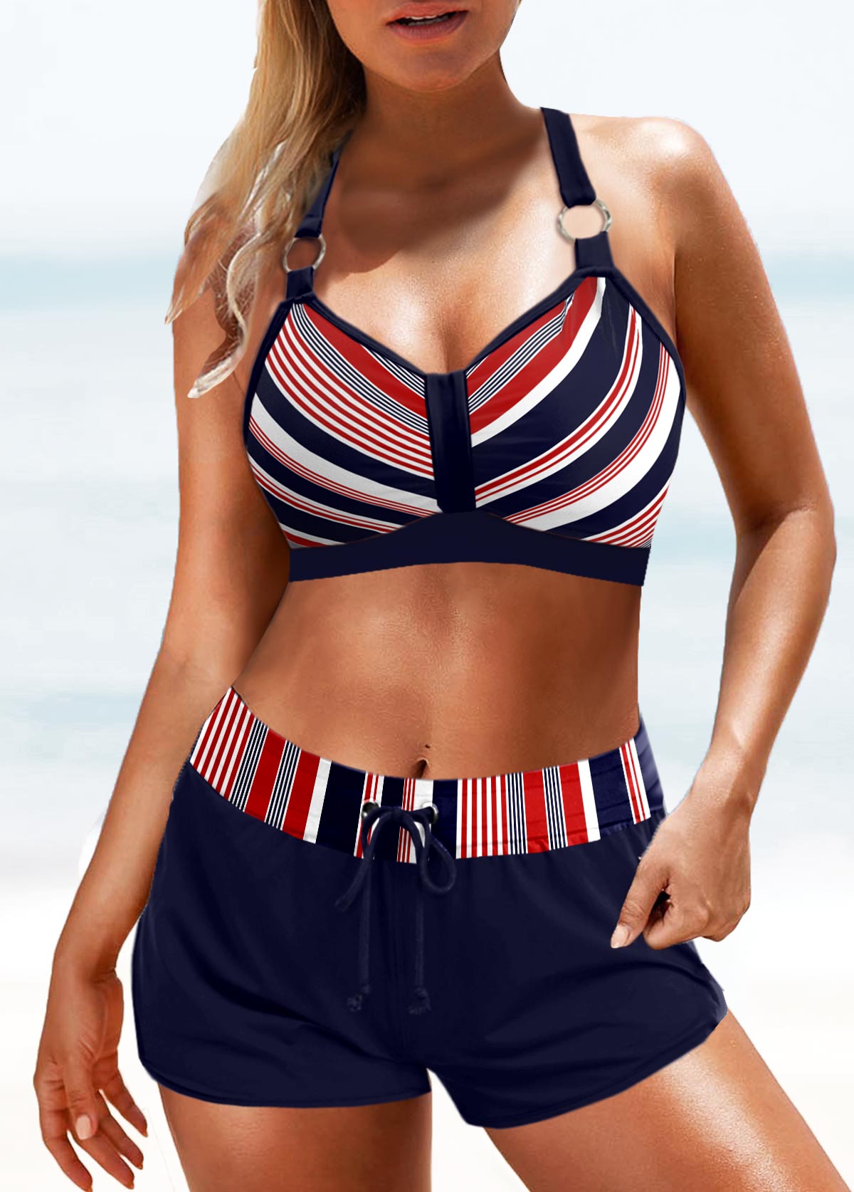 Navy swimwear,Striped swimwear,Geometric swimwear,ROTITA Criss Cross Navy Striped Bikini Top