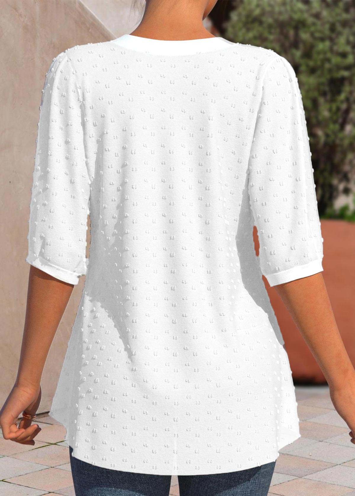 White tops,Plain Color tops,ROTITA Lace White 3/4 Sleeve Split Neck Blouse