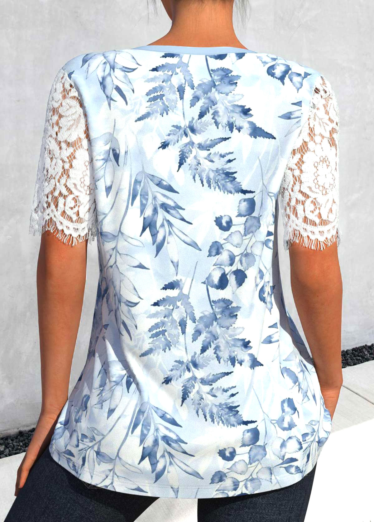 Light Blue tops,Floral tops,Plants tops,ROTITA Lace Floral Print Light Blue Split Neck Blouse