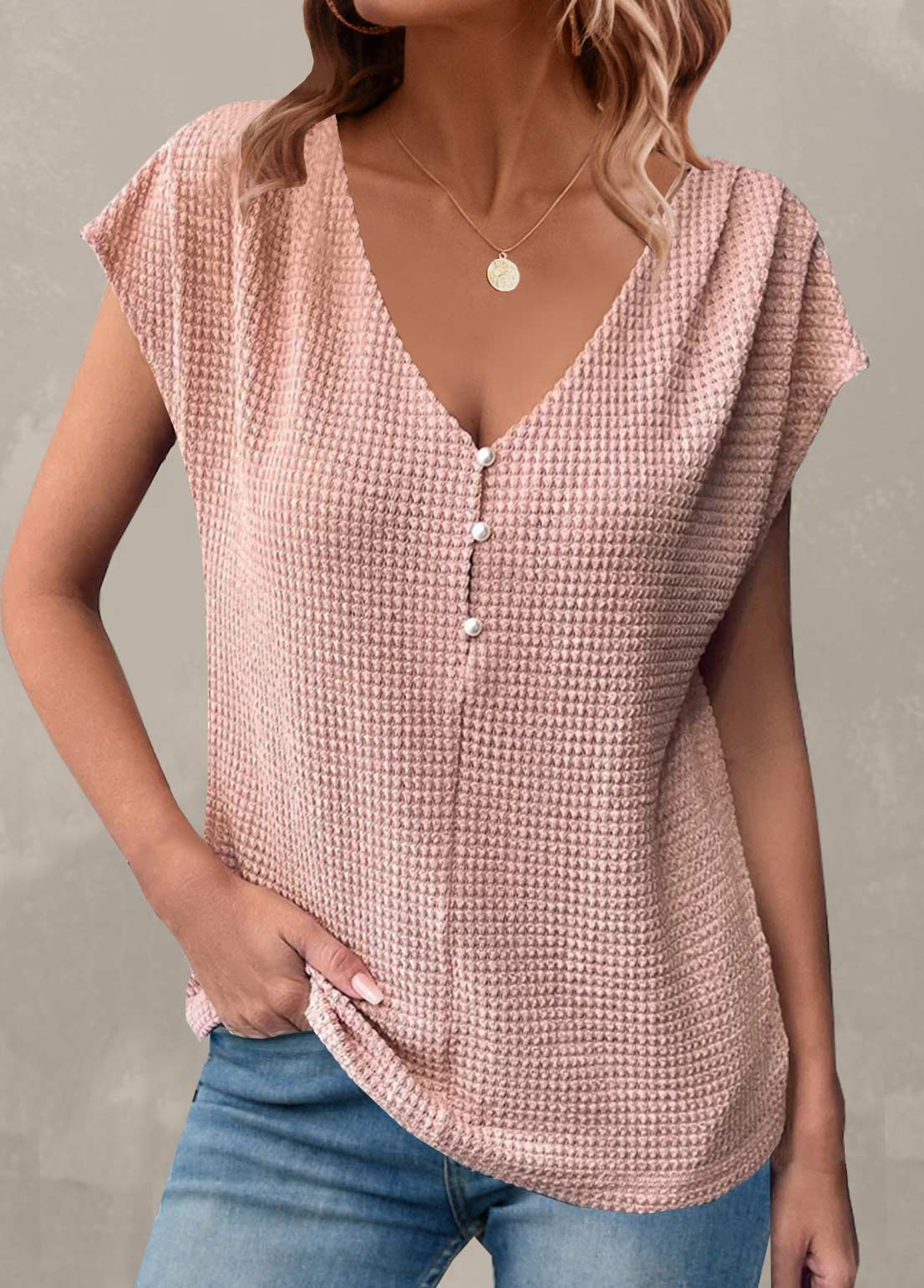 Dusty Pink tops,Plain Color tops,Button Dusty Pink V Neck T Shirt