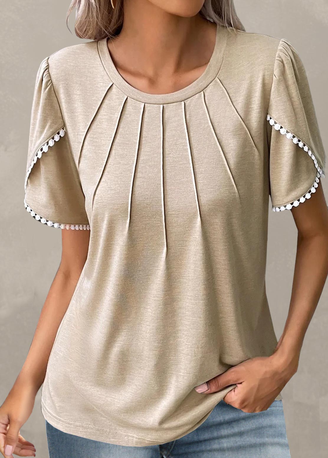 Light Camel tops,Plain Color tops,Patchwork Light Camel Round Neck T Shirt
