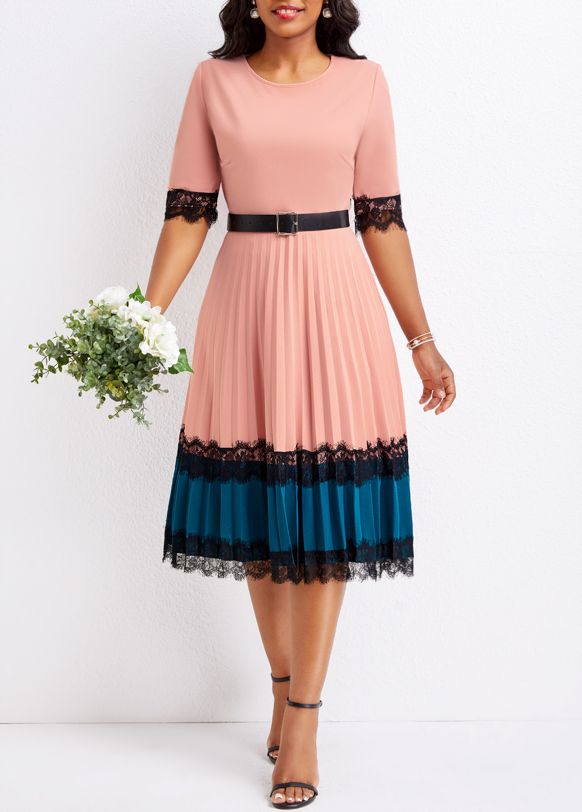 Lace Dusty Pink Belted Round Neck Dress