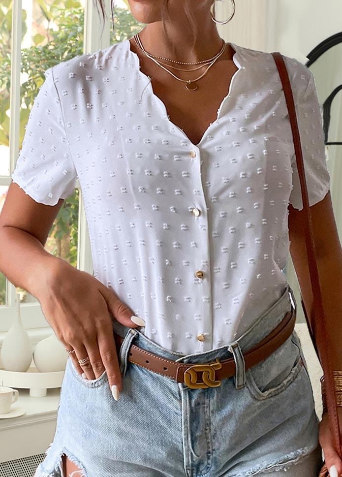 White tops,Plain Color tops,Button White V Neck Short Sleeve T Shirt