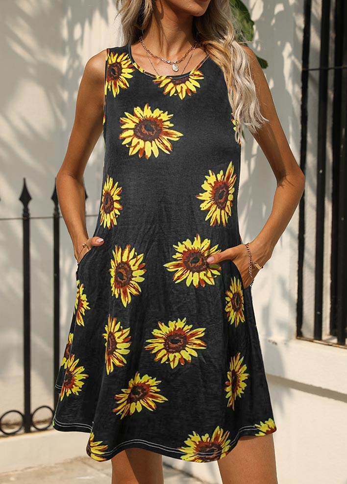 Black dresses,Yellow dresses,Floral dresses,Plants dresses,Pocket Floral Print Black Short A Line Dress