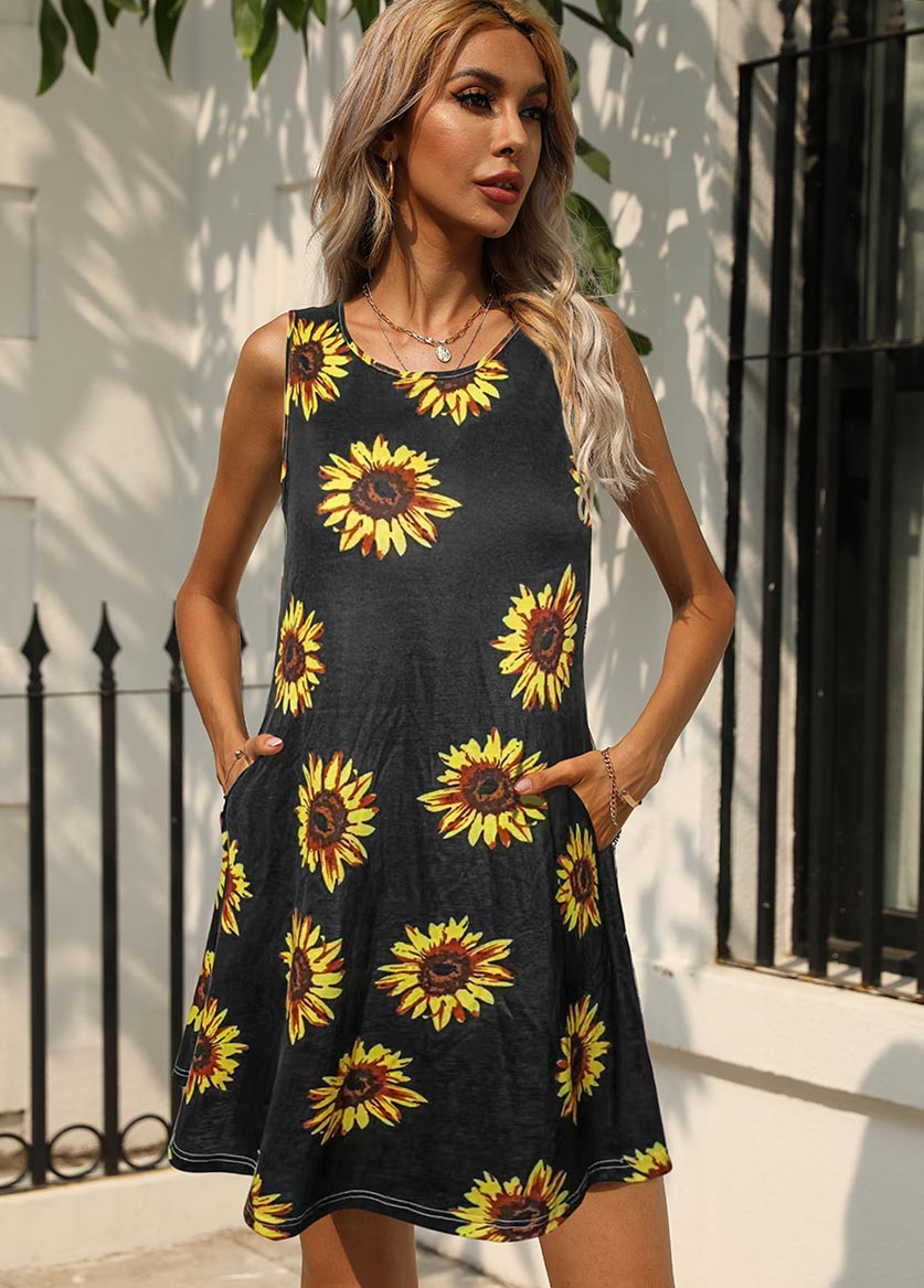 Black dresses,Yellow dresses,Floral dresses,Plants dresses,Pocket Floral Print Black Short A Line Dress