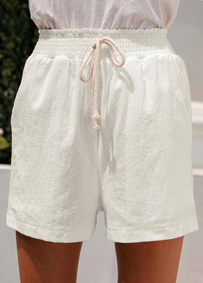 White bottoms,Plain Color bottoms,Pocket White Regular Elastic Waist High Waisted Shorts