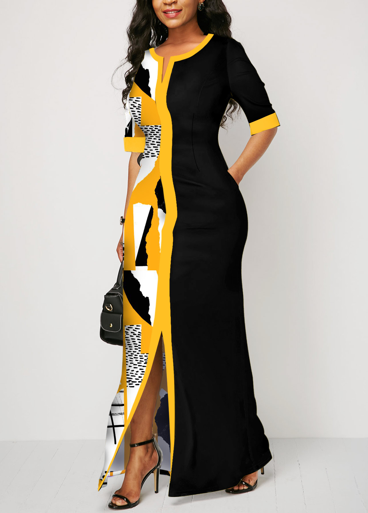 Multi Color dresses,Graphic dresses,ROTITA Split Graffiti Print Multi Color Bodycon Dress