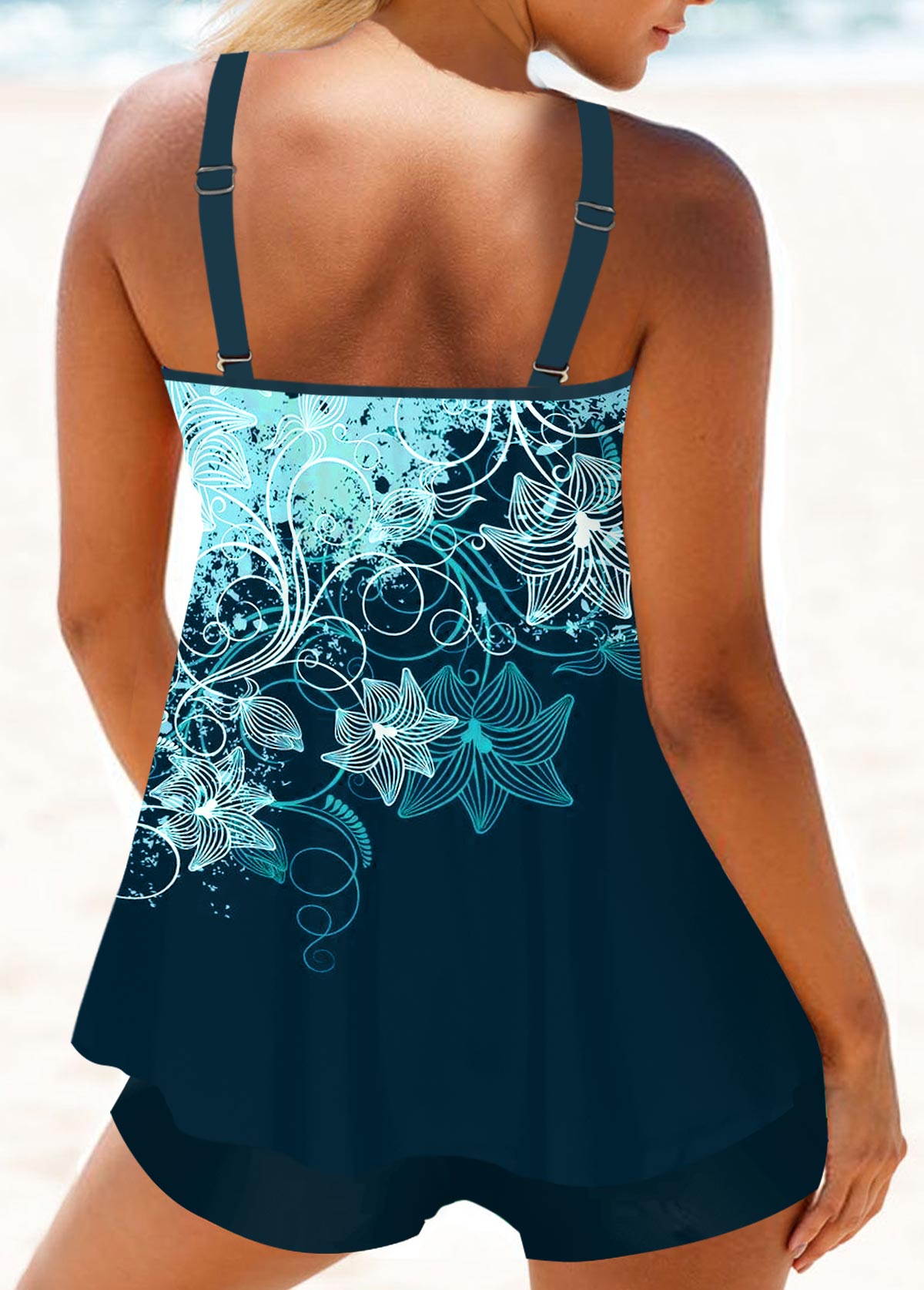 Peacock Blue swimwear,Floral swimwear,ROTITA Circular Ring Peacock Blue Floral Print Tankini Top
