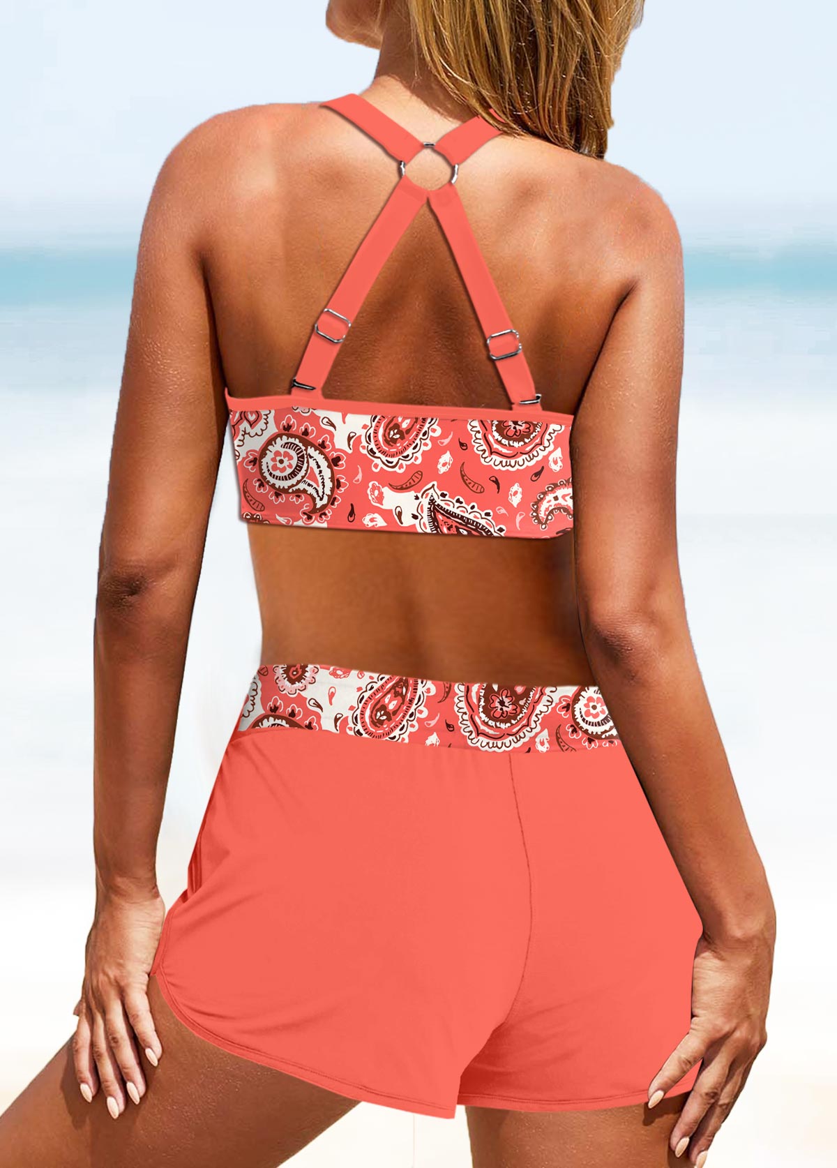 Coral plus size,Paisley plus size,Floral plus size,ROTITA Plus Size Mid Waisted Circular Ring Bikini Set